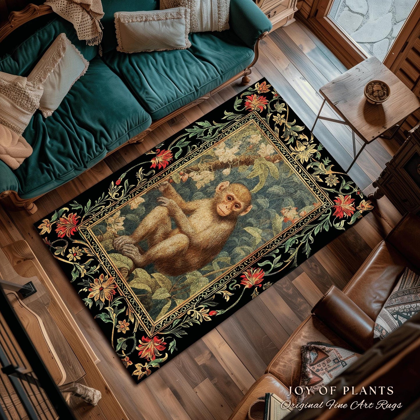Light Academia Round Monkey Rug Mystical Aesthetic | Pastel Floral Accent Botanical Woodland Decor William Morris Inspired Cottagecore Room