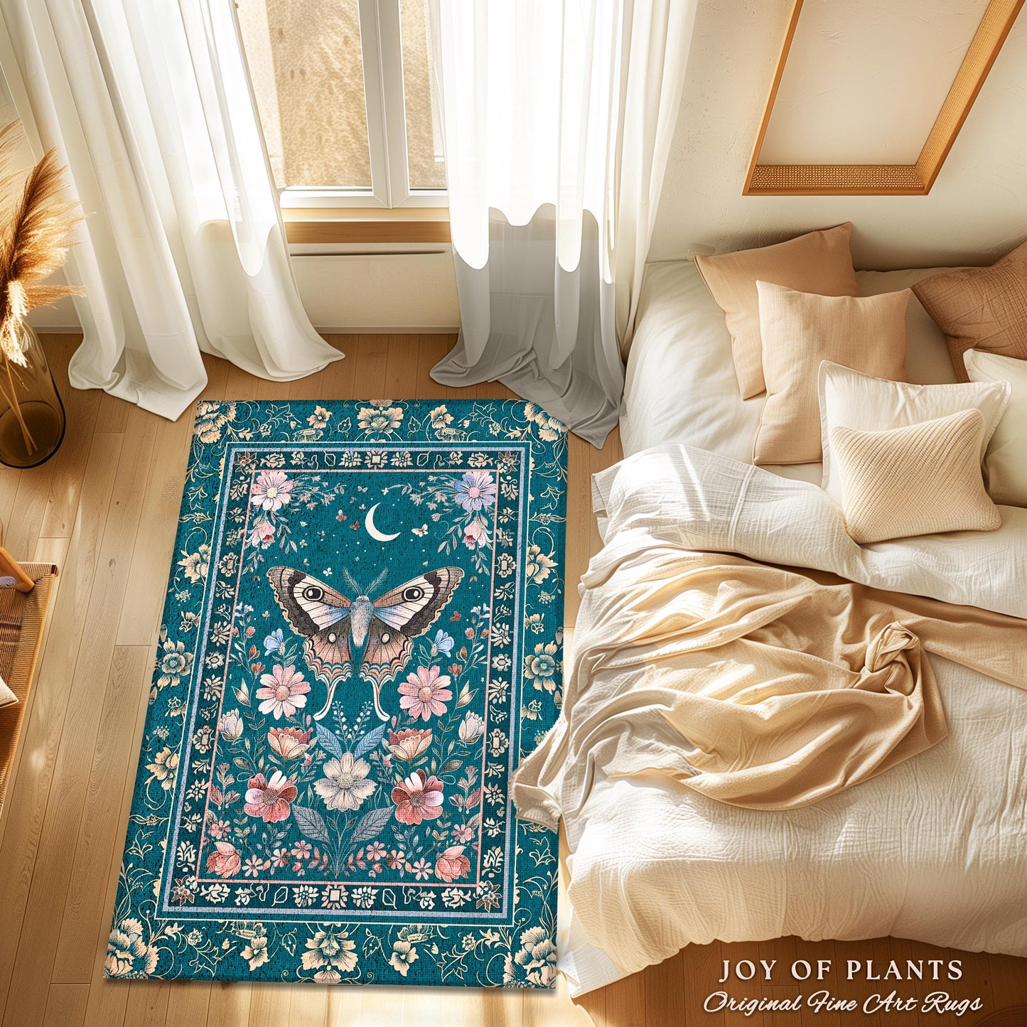 Magic Aesthetic Teal Area Rug | Celestial Fairycore Eclectic Maximalist Accent Rug Woodland Cottagecore Forestcore Bedroom Pastel Mysticism