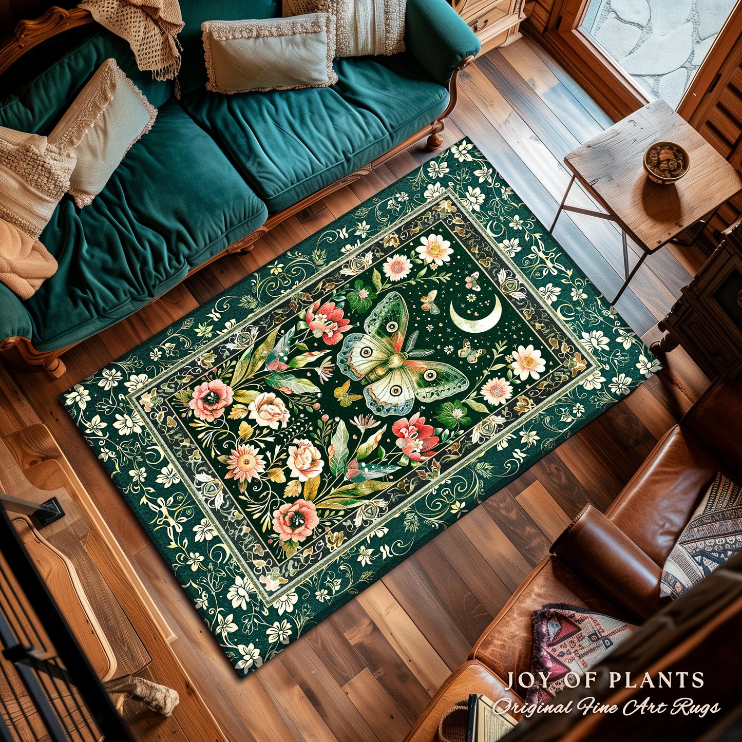 Ethereal Witchy Moth Moon Rug | Whimsical Cottagecore Dreamy Forest Bedroom Antique Green Celestial Woodland Whimsy Butterfly Gothic Decor |