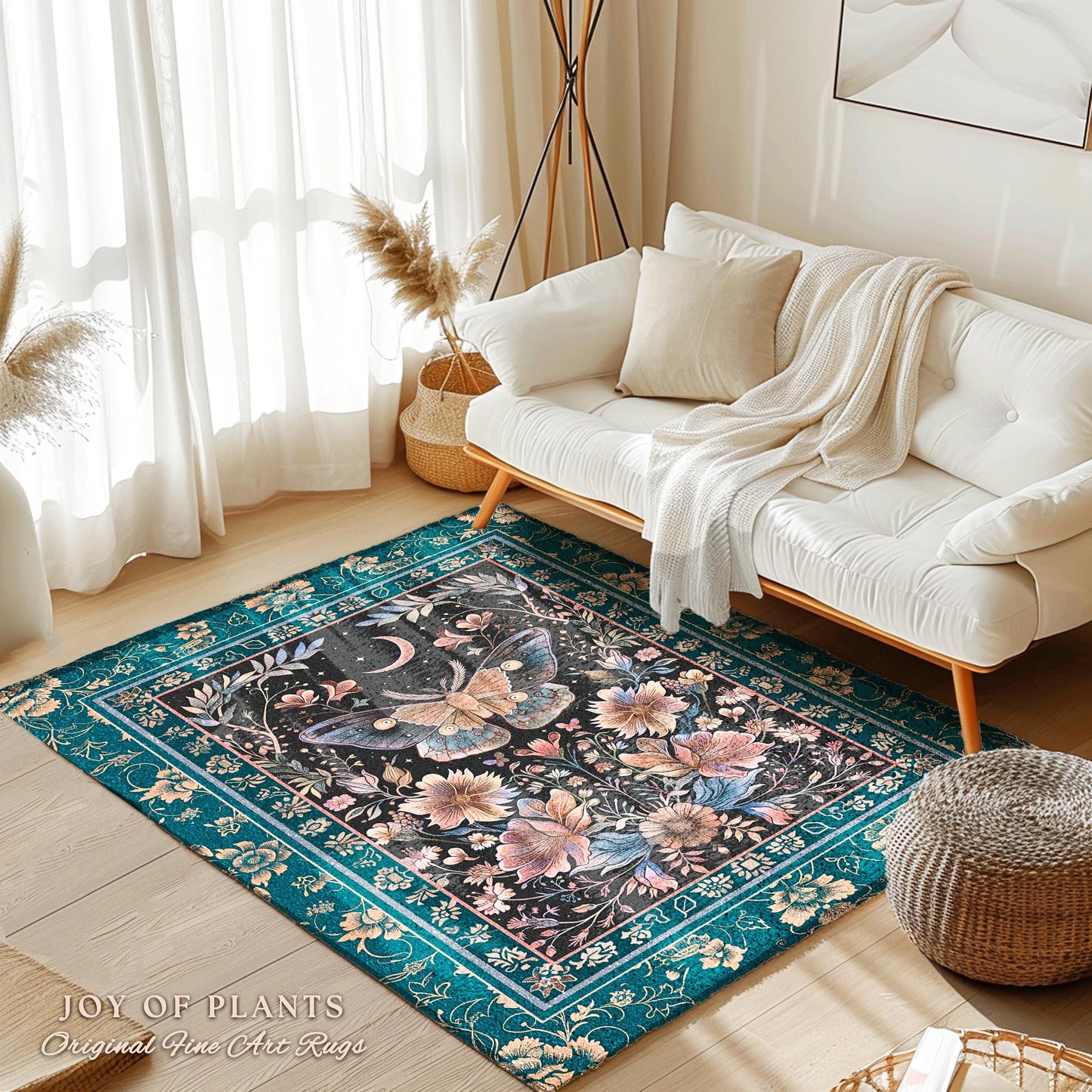 Boho Moth Moon Fairycore Area Rug Teal Bohemian Butterfly Floral | Whimsical Celestial Teal Dark Cottagecore Home Accent Maximalist Decor |