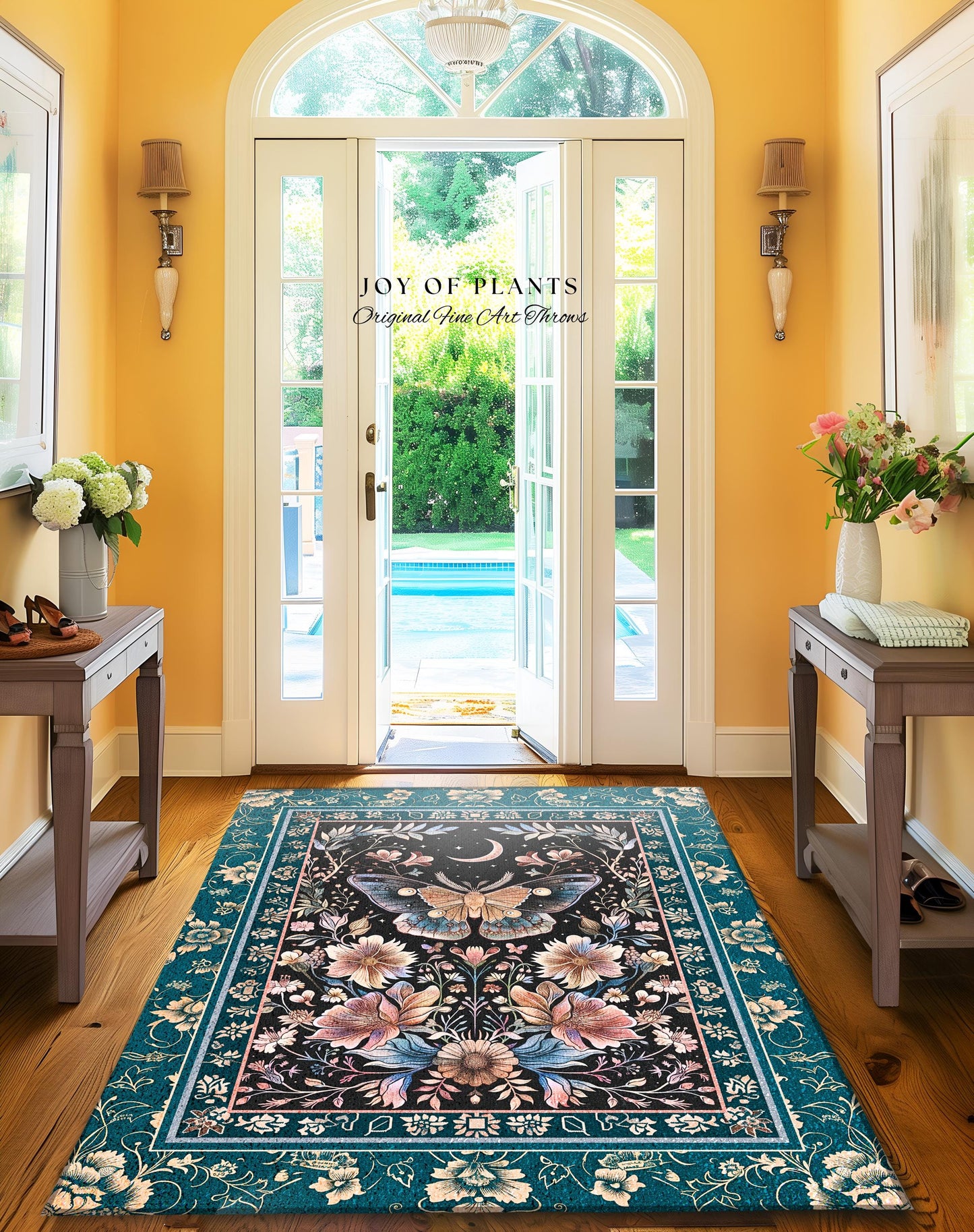 Boho Moth Moon Fairycore Area Rug Teal Bohemian Butterfly Floral | Whimsical Celestial Teal Dark Cottagecore Home Accent Maximalist Decor |