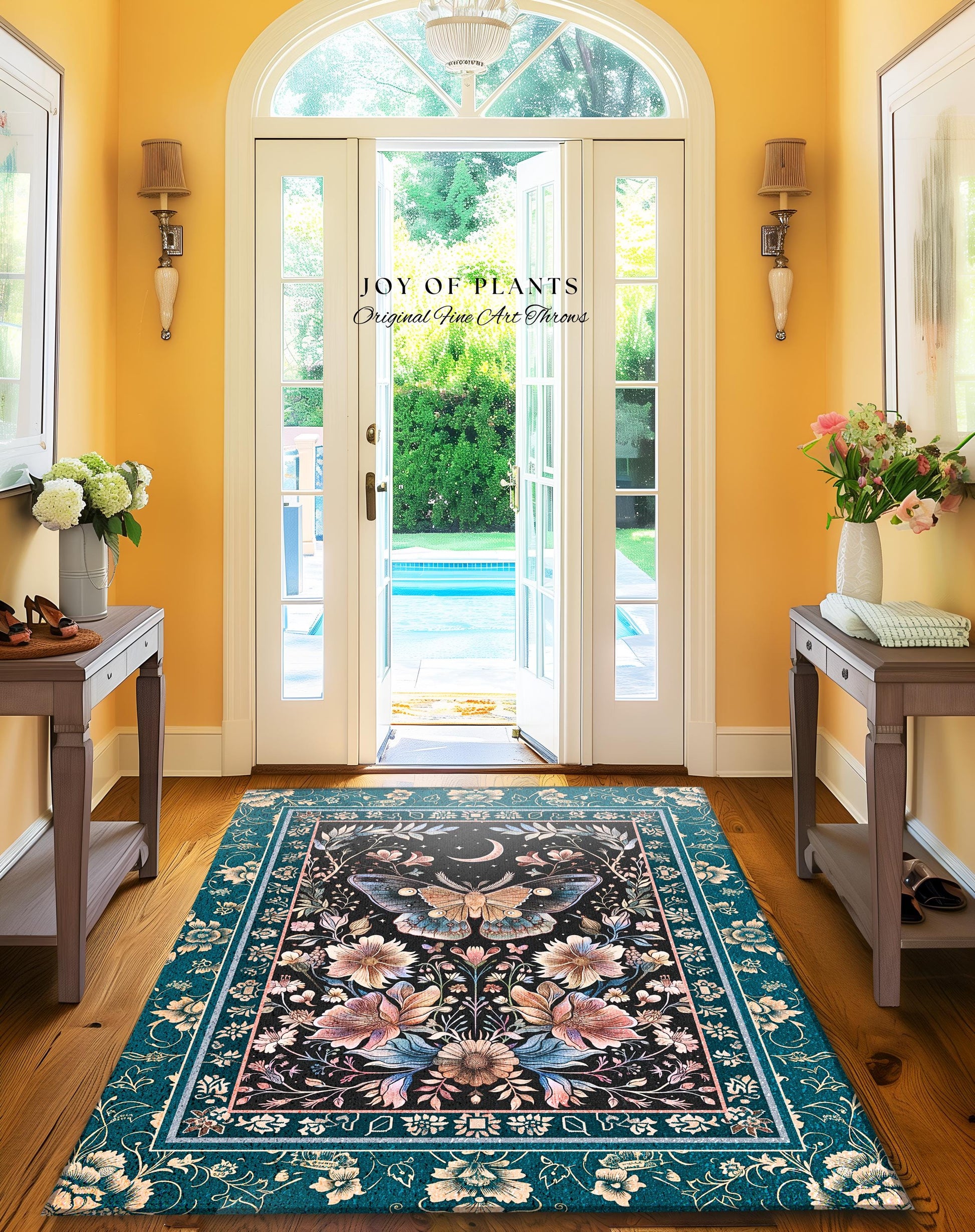 Boho Moth Moon Fairycore Area Rug Teal Bohemian Butterfly Floral | Whimsical Celestial Teal Dark Cottagecore Home Accent Maximalist Decor |