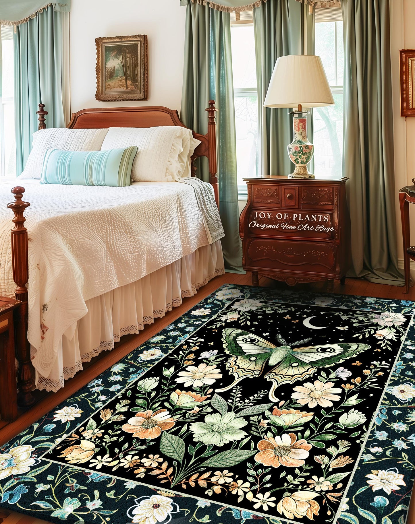 Luna Moth Folklore Aesthetic Rug | Whimsigoth Eclectic Maximalist Accent Rug Cottagecore Dreamy Forestcore Bedroom Antique Green Celestial |