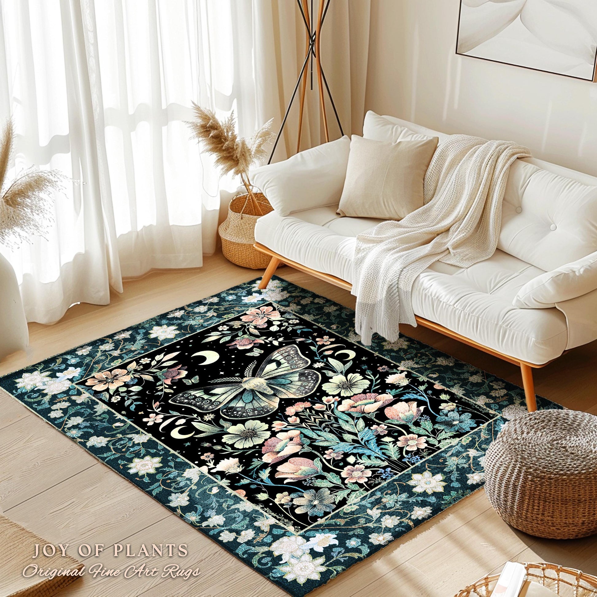 Celestial Butterfly Floral Rug Whimsical Moonlit Garden Whimsigothic Decor, Ethereal Cottagecore Enchanted Botanical Moth Art Nouveau Accent