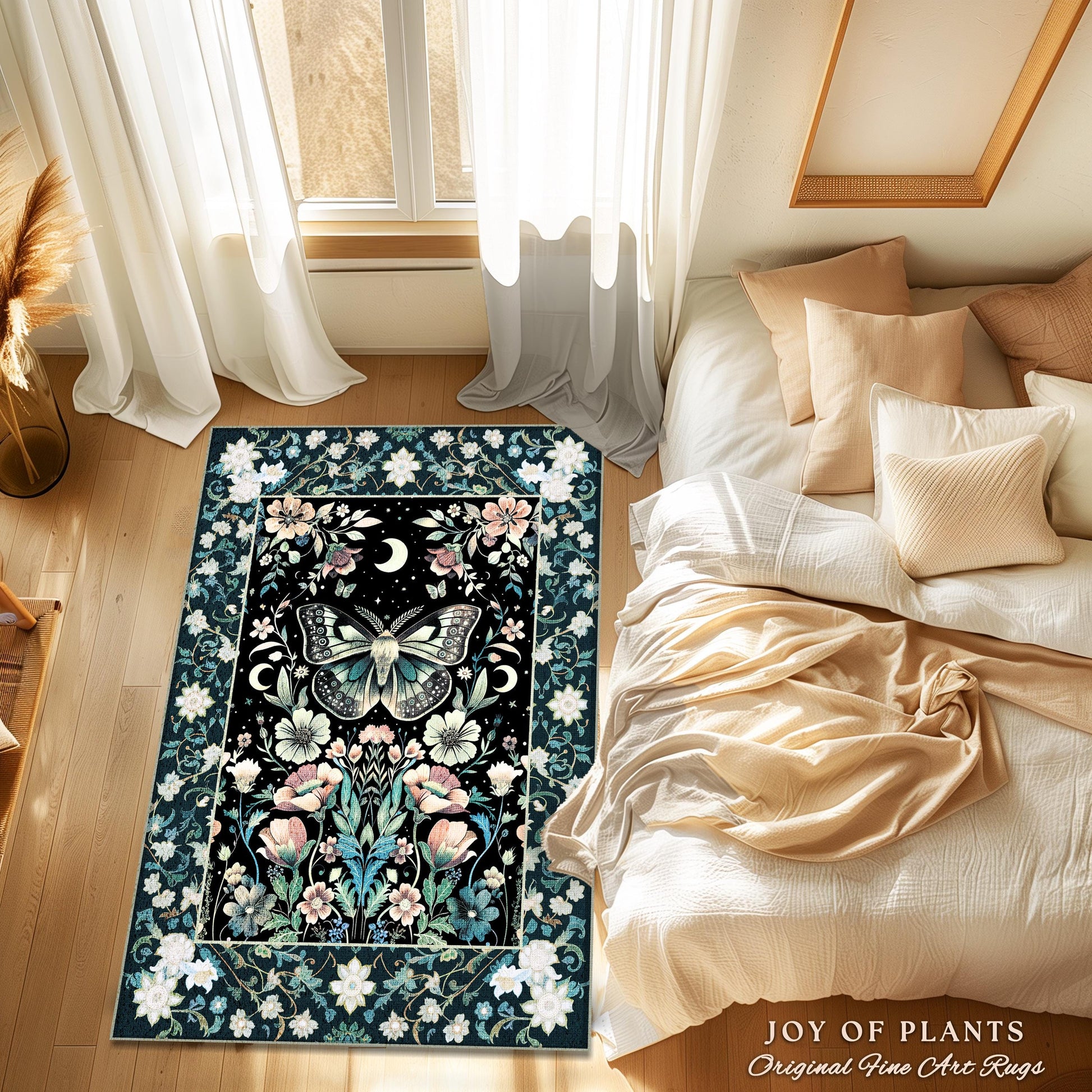 Celestial Butterfly Floral Rug Whimsical Moonlit Garden Whimsigothic Decor, Ethereal Cottagecore Enchanted Botanical Moth Art Nouveau Accent