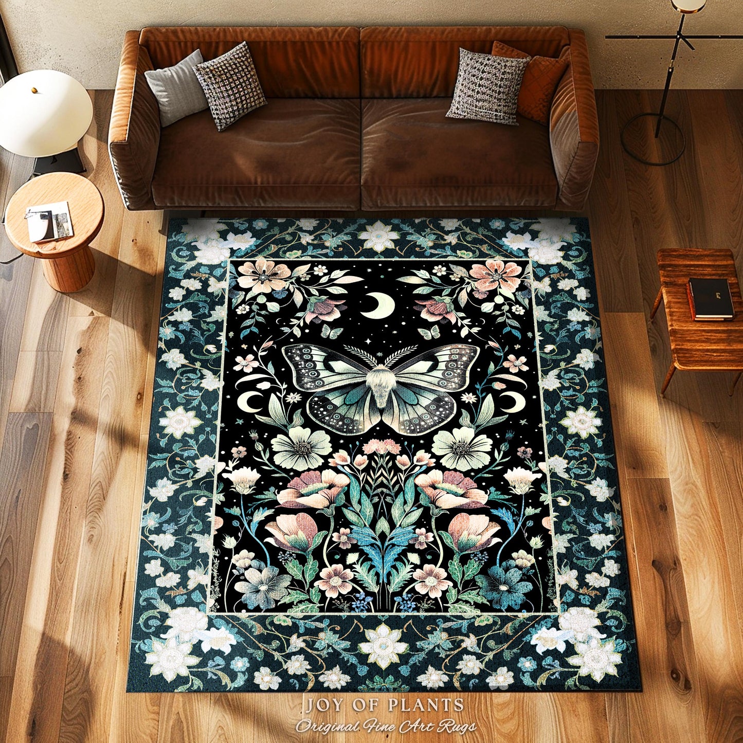Celestial Butterfly Floral Rug Whimsical Moonlit Garden Whimsigothic Decor, Ethereal Cottagecore Enchanted Botanical Moth Art Nouveau Accent