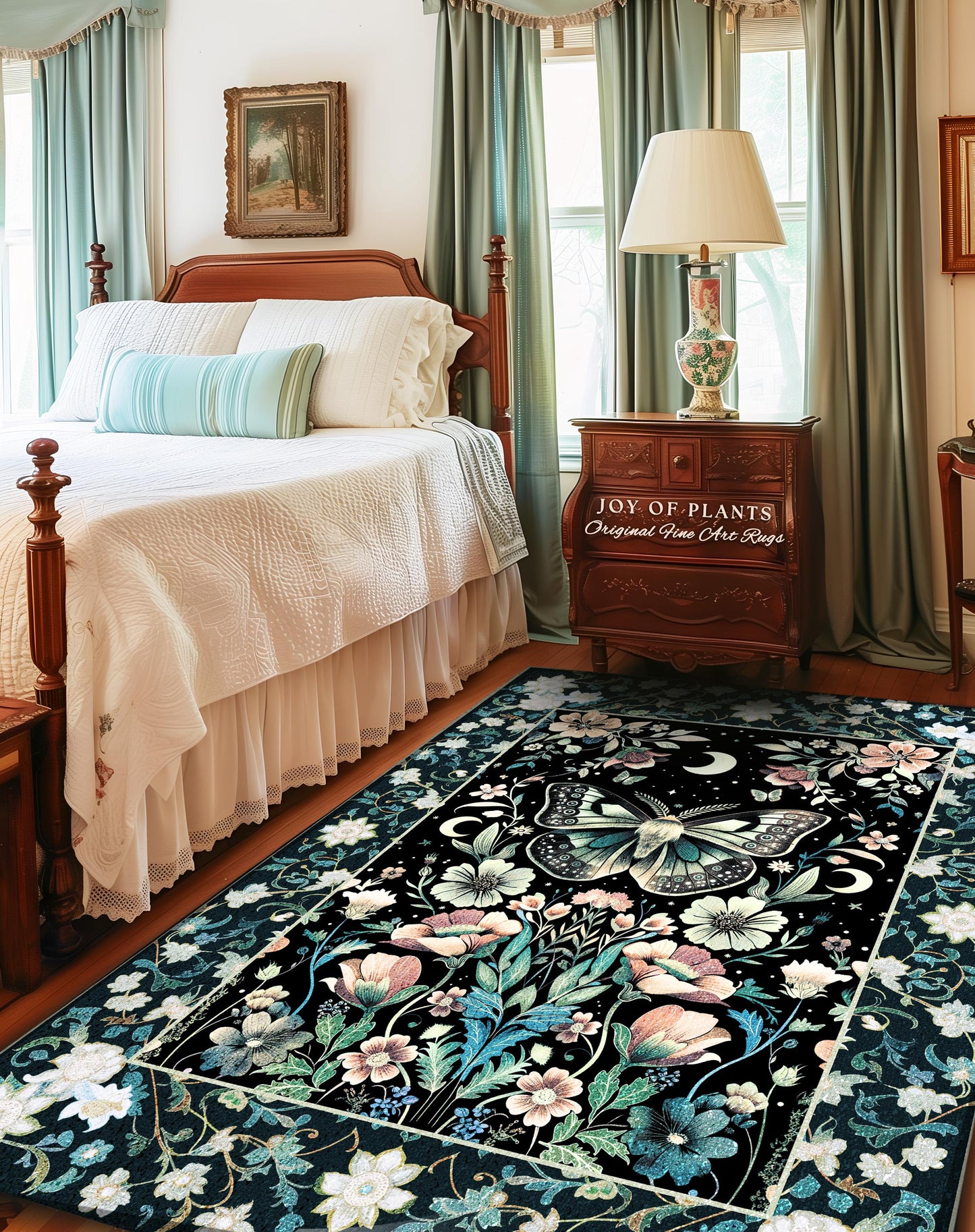 Celestial Butterfly Floral Rug Whimsical Moonlit Garden Whimsigothic Decor, Ethereal Cottagecore Enchanted Botanical Moth Art Nouveau Accent