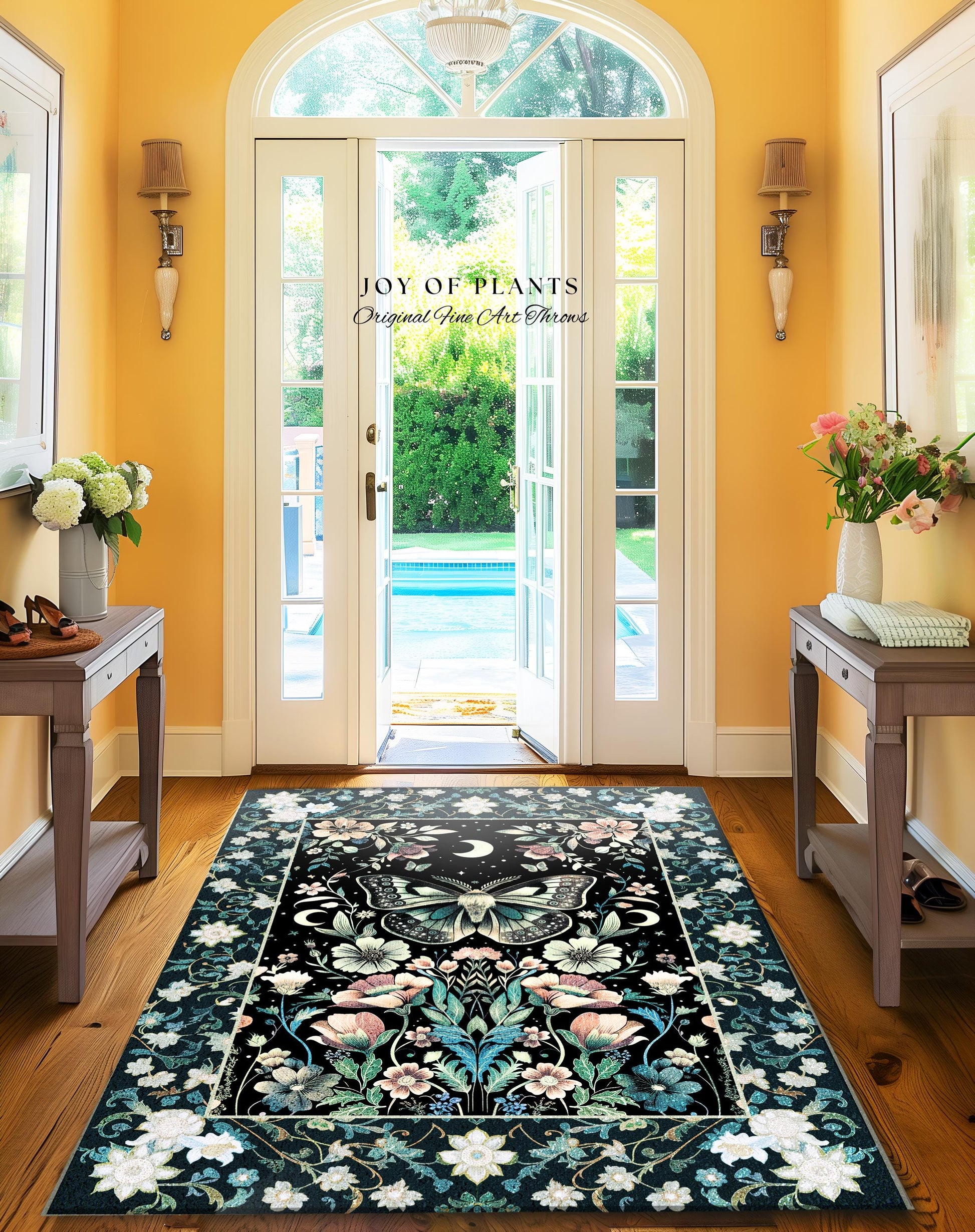 Celestial Butterfly Floral Rug Whimsical Moonlit Garden Whimsigothic Decor, Ethereal Cottagecore Enchanted Botanical Moth Art Nouveau Accent