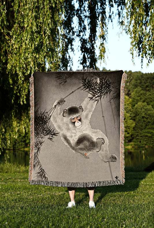 Vintage Japanese Woven Blanket | Monkey Decor | Gothic Decor | Watercolor Art Vintage Throw Blanket | Dark Academia blanket | Woven Tapestry