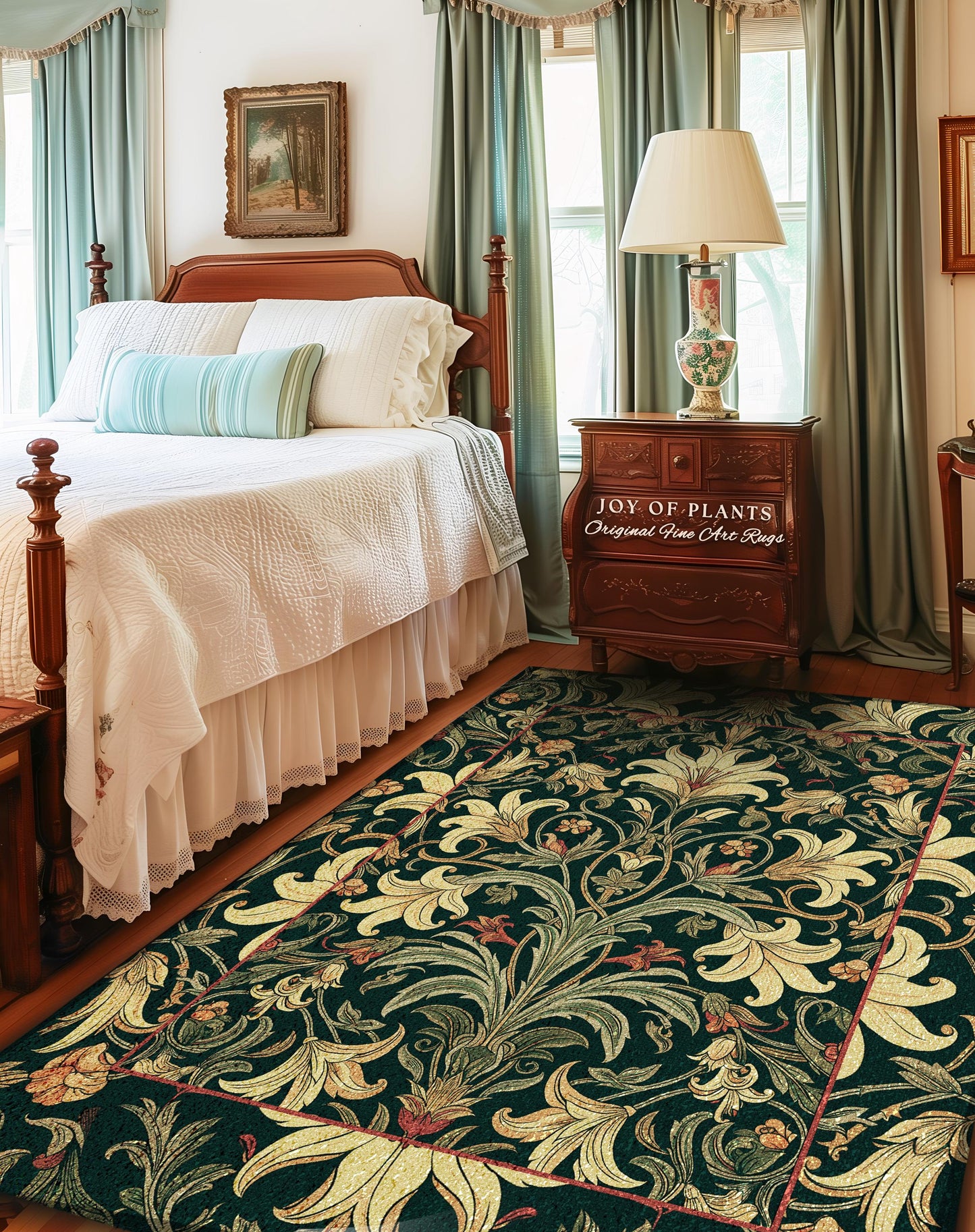 Earthy Fairycore Floral Aesthetic Rug | Enchanted Muted Forest Green Art Nouveau Victorian Decor Cottagecore Academia Art Deco Bedroom Decor