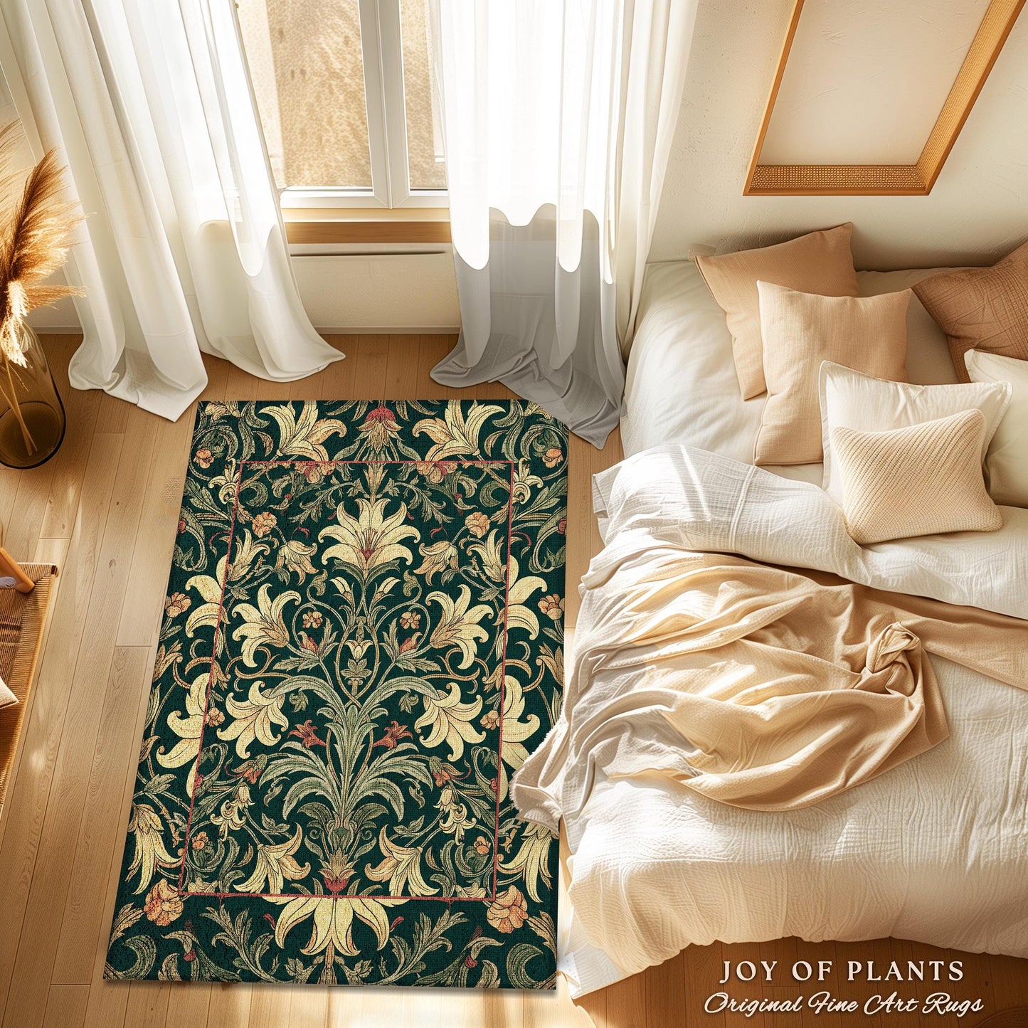 Earthy Fairycore Floral Aesthetic Rug | Enchanted Muted Forest Green Art Nouveau Victorian Decor Cottagecore Academia Art Deco Bedroom Decor