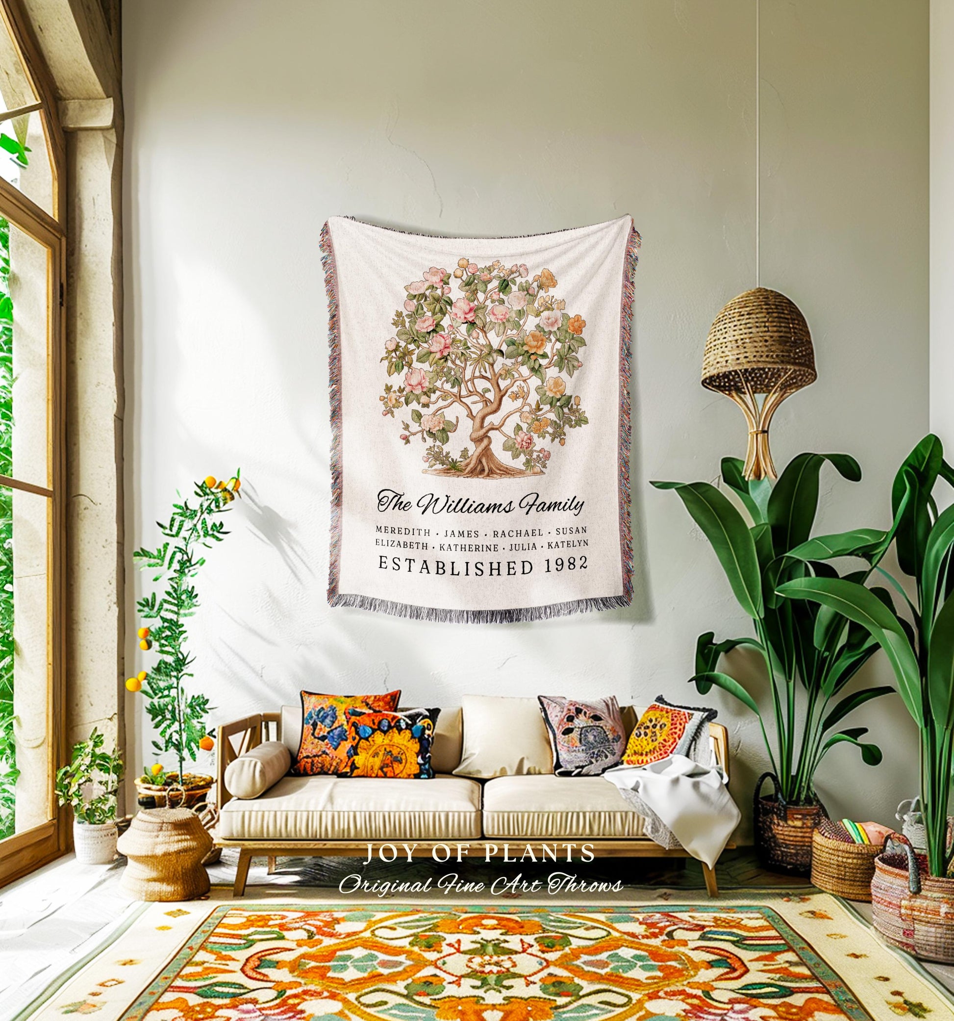 Last Name Family Tapestry Woven | Grandma Gift Custom Floral Family Tree Personalized Mother's Day I Love You Blanket for Mom Sentimental |