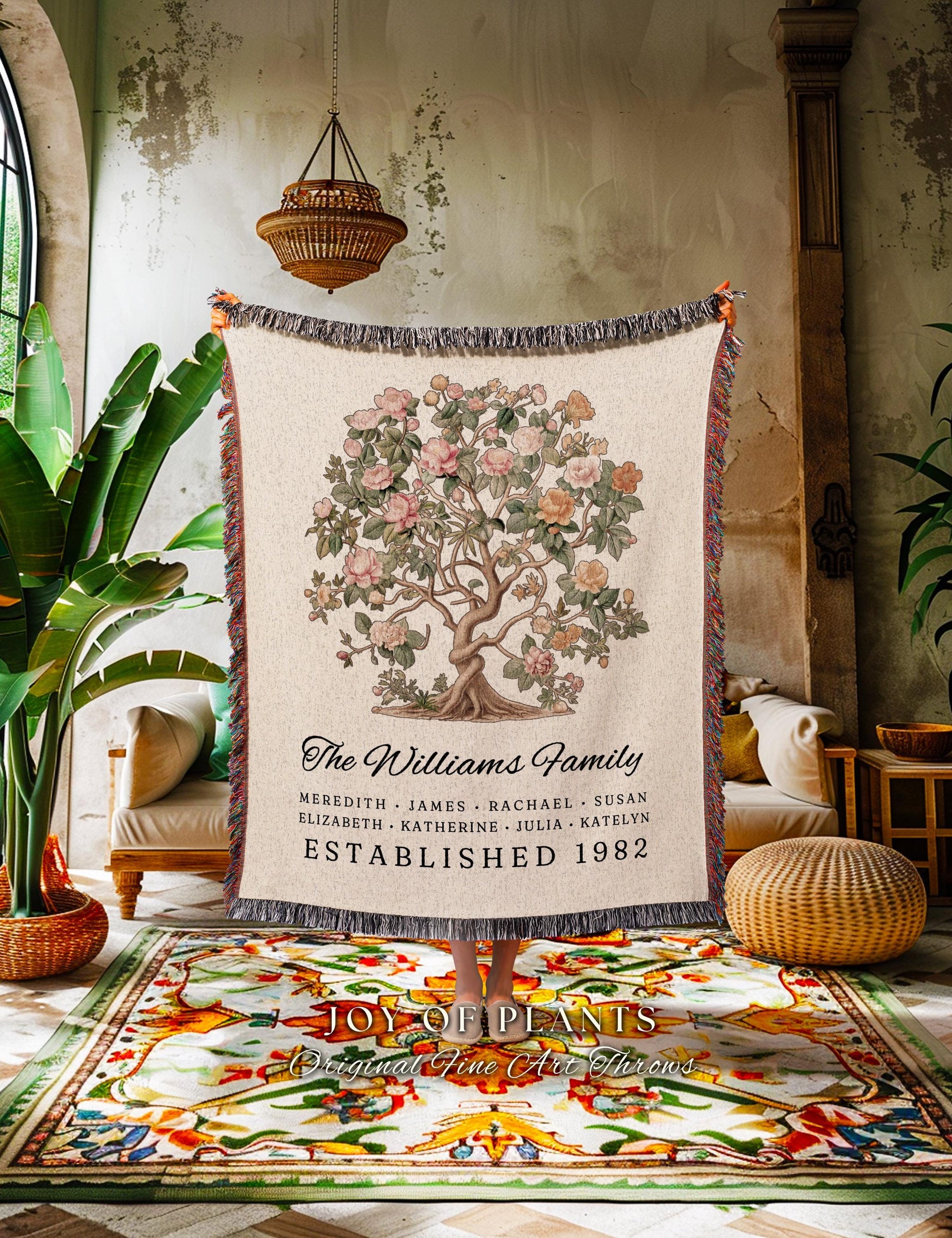 Last Name Family Tapestry Woven | Grandma Gift Custom Floral Family Tree Personalized Mother's Day I Love You Blanket for Mom Sentimental |