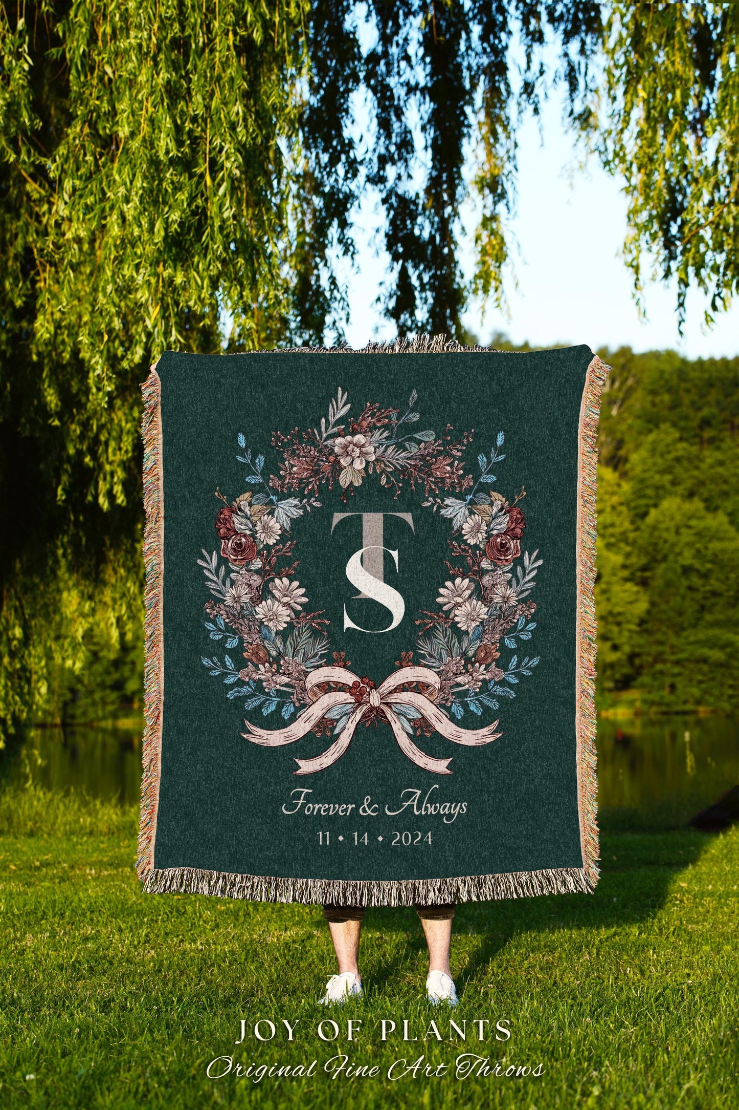 Cozy Newlyweds Initials Throw Blanket | Personalized Keepsake His and Hers Woven Tapestry Custom Dating Anniversary Floral Wreath for Her |