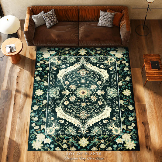 Elegant Emerald Green Art Nouveau Living Room Rug | Boho Room Decor Dark Cottagecore Whimsical Botanical Victorian Gothic Woodland Aesthetic