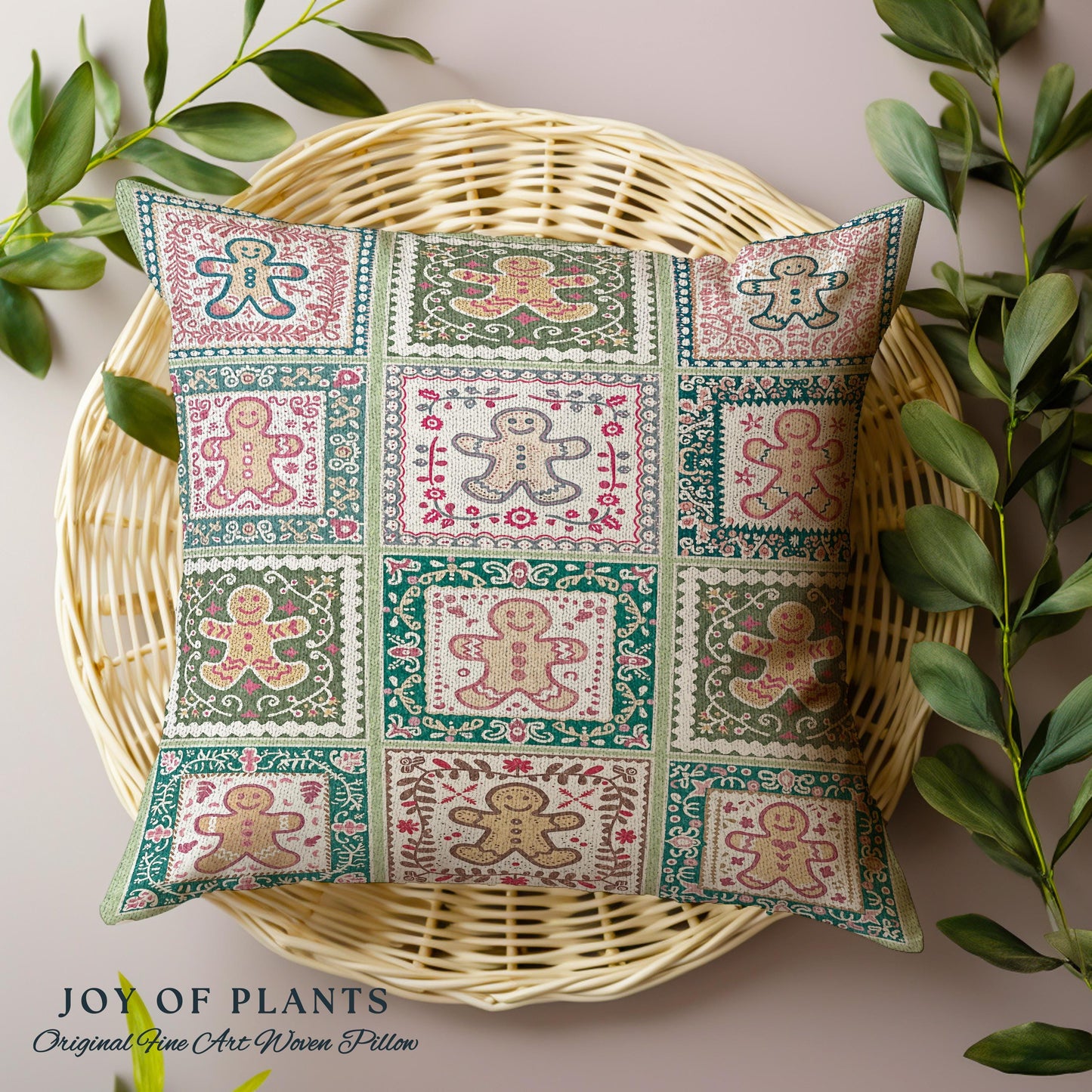 Colorful Scandinavian Gingerbread Pillow Whimsical Boho Cottagecore Decor | Playful Farmhouse Holiday Tapestry Cushion Cozy Retro Christmas