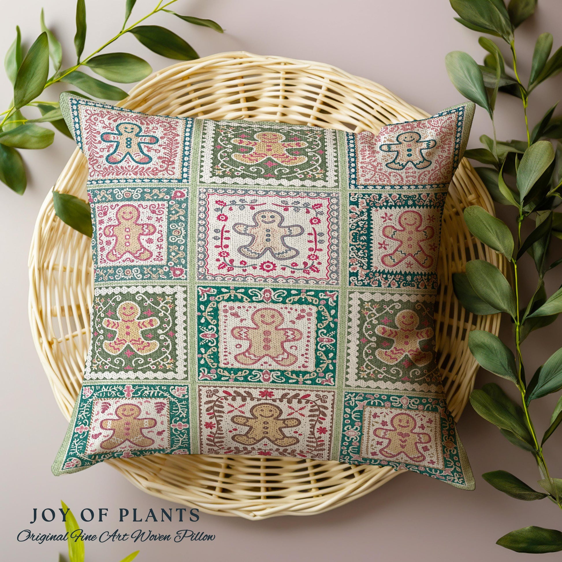 Colorful Scandinavian Gingerbread Pillow Whimsical Boho Cottagecore Decor | Playful Farmhouse Holiday Tapestry Cushion Cozy Retro Christmas