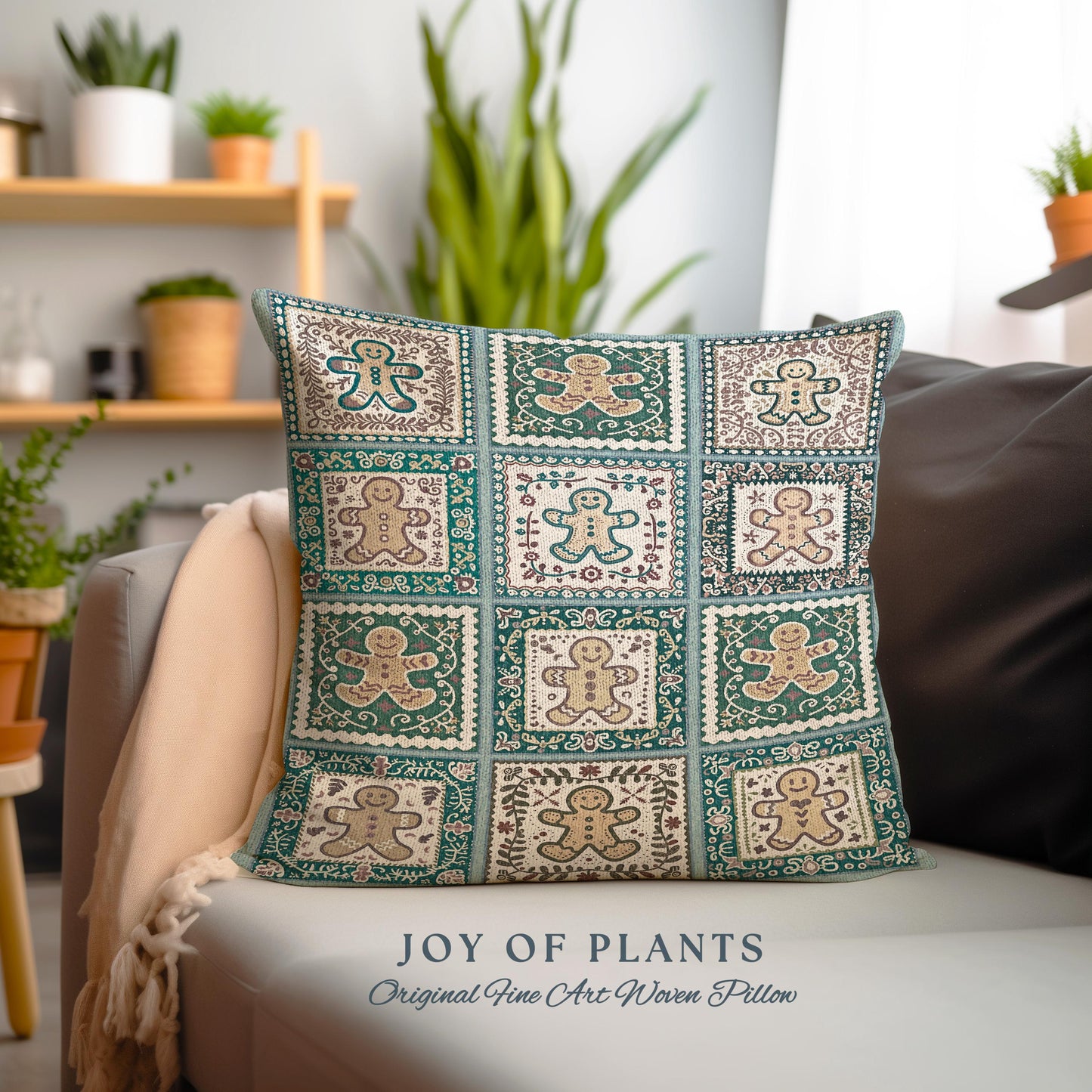 Boho Country Cottage Gingerbread Cookie Pillow Folk Art Christmas Patchwork Tapestry Cushion, Bohemian Whimsigothic Retro Holiday Home Decor