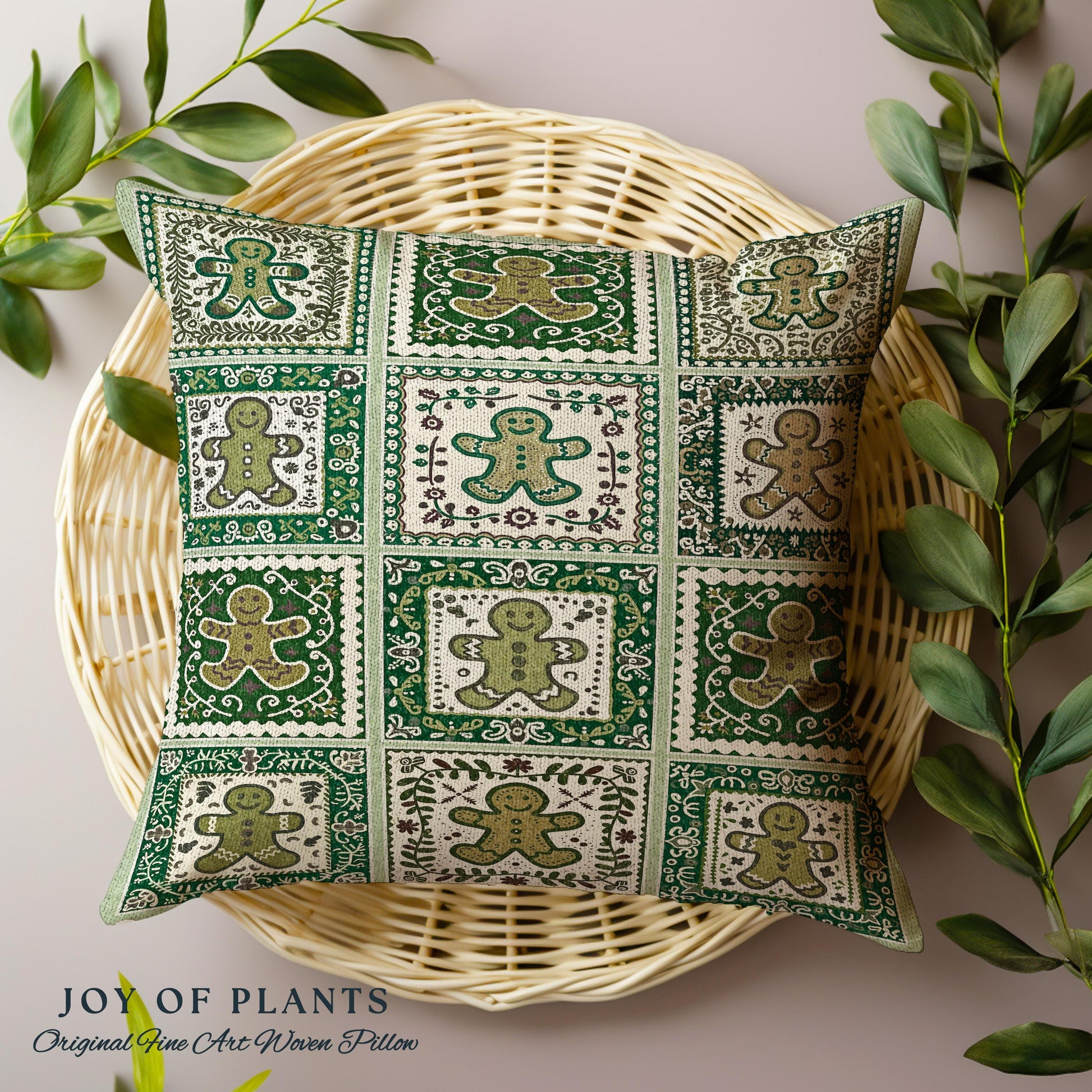 Vintage Folk Art Gingerbread Pillow Retro Forest Green Hygge Holiday Decor | Nordic Cottage Home Scandi Sage Green Festive Tapestry Cushion