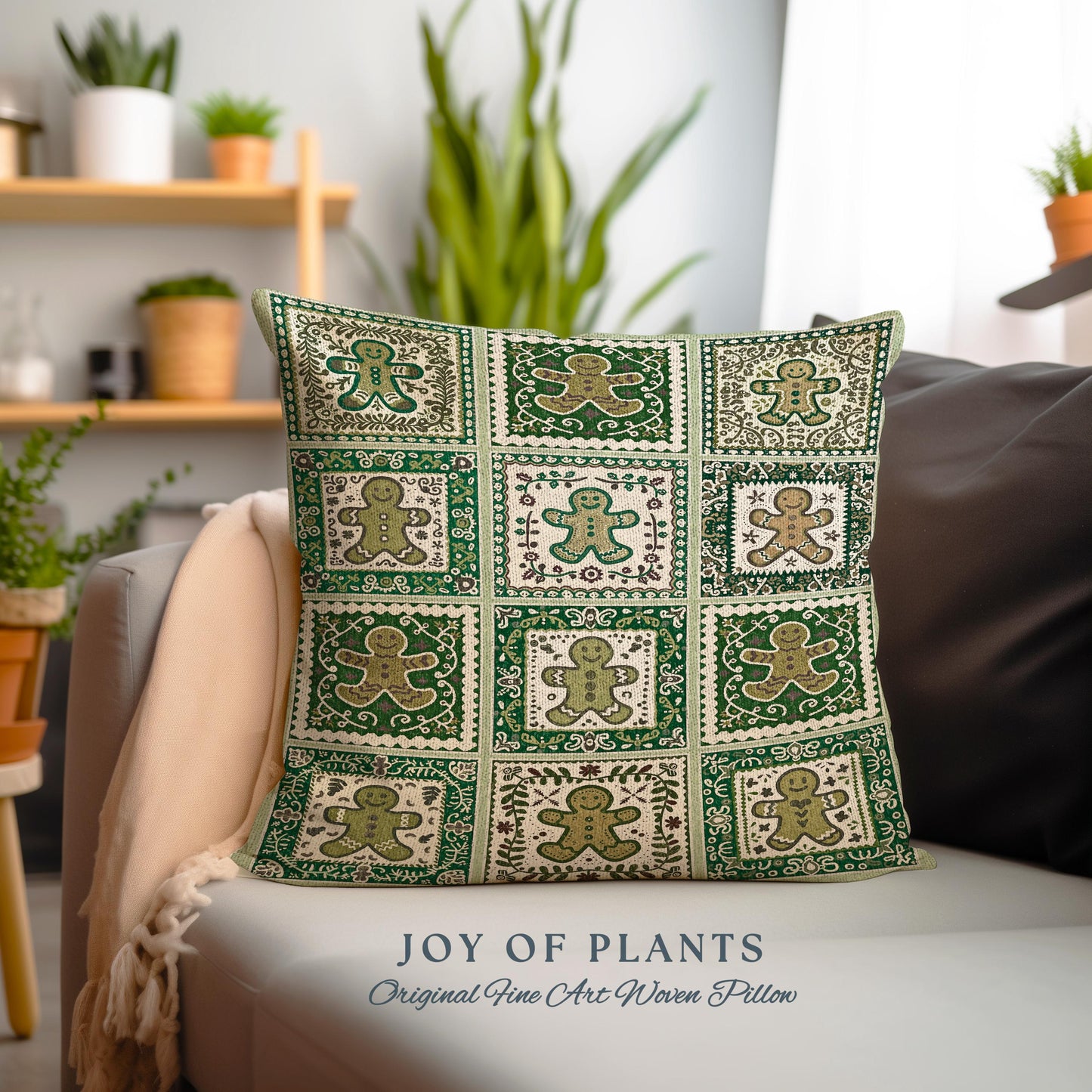 Vintage Folk Art Gingerbread Pillow Retro Forest Green Hygge Holiday Decor | Nordic Cottage Home Scandi Sage Green Festive Tapestry Cushion