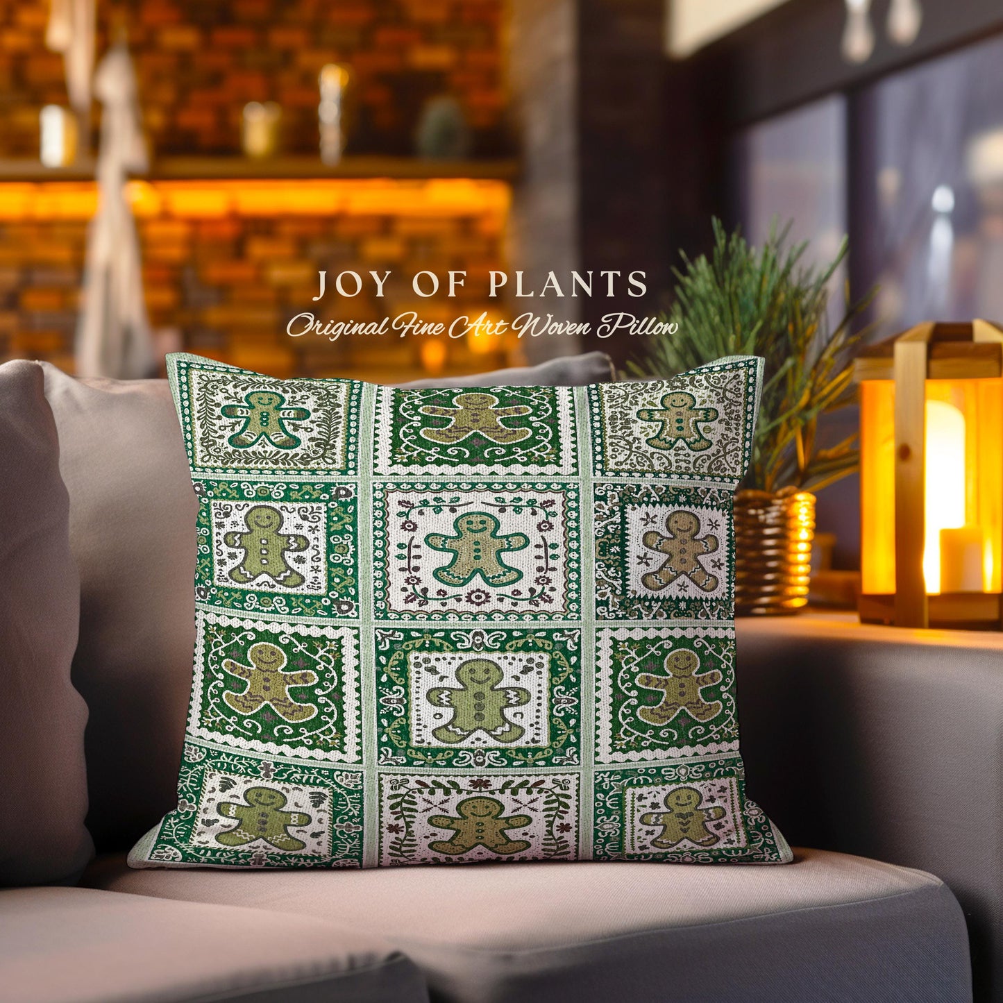 Vintage Folk Art Gingerbread Pillow Retro Forest Green Hygge Holiday Decor | Nordic Cottage Home Scandi Sage Green Festive Tapestry Cushion