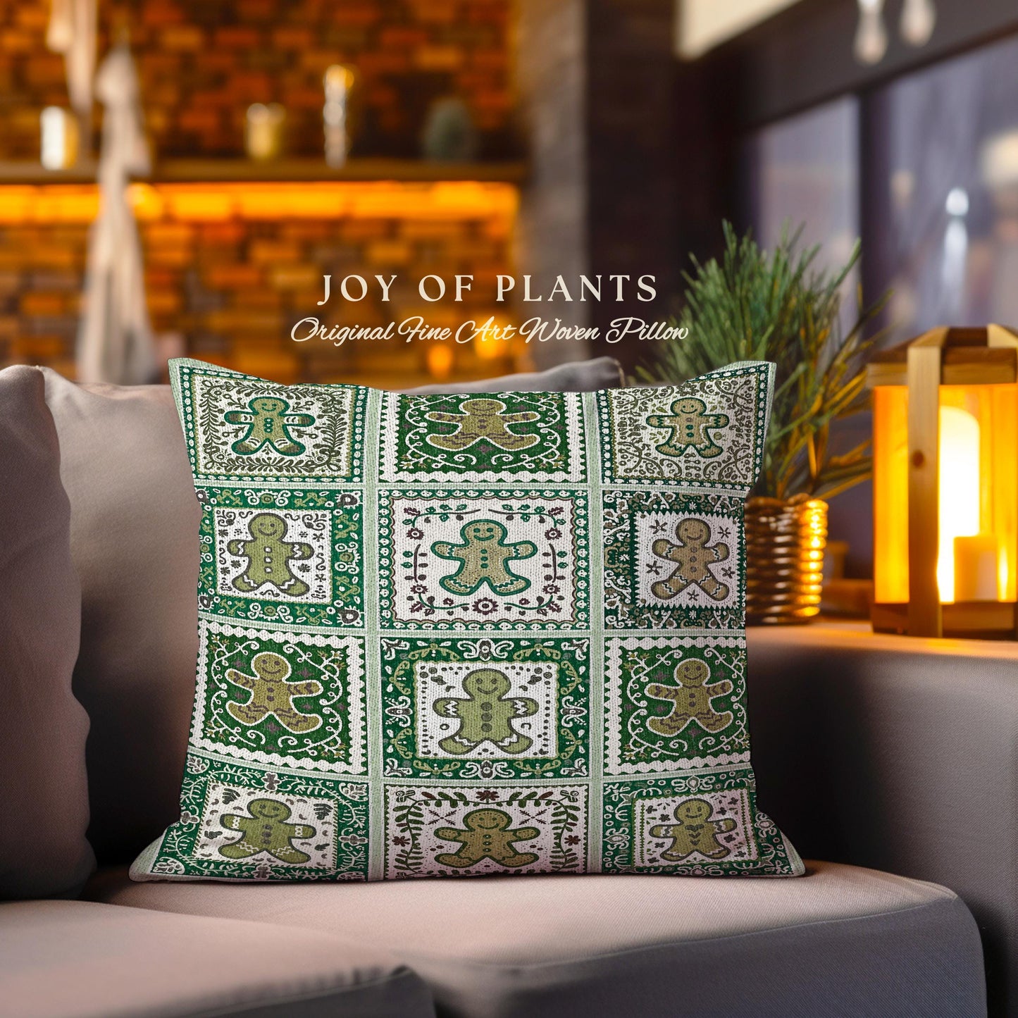 Vintage Folk Art Gingerbread Pillow Retro Forest Green Hygge Holiday Decor | Nordic Cottage Home Scandi Sage Green Festive Tapestry Cushion
