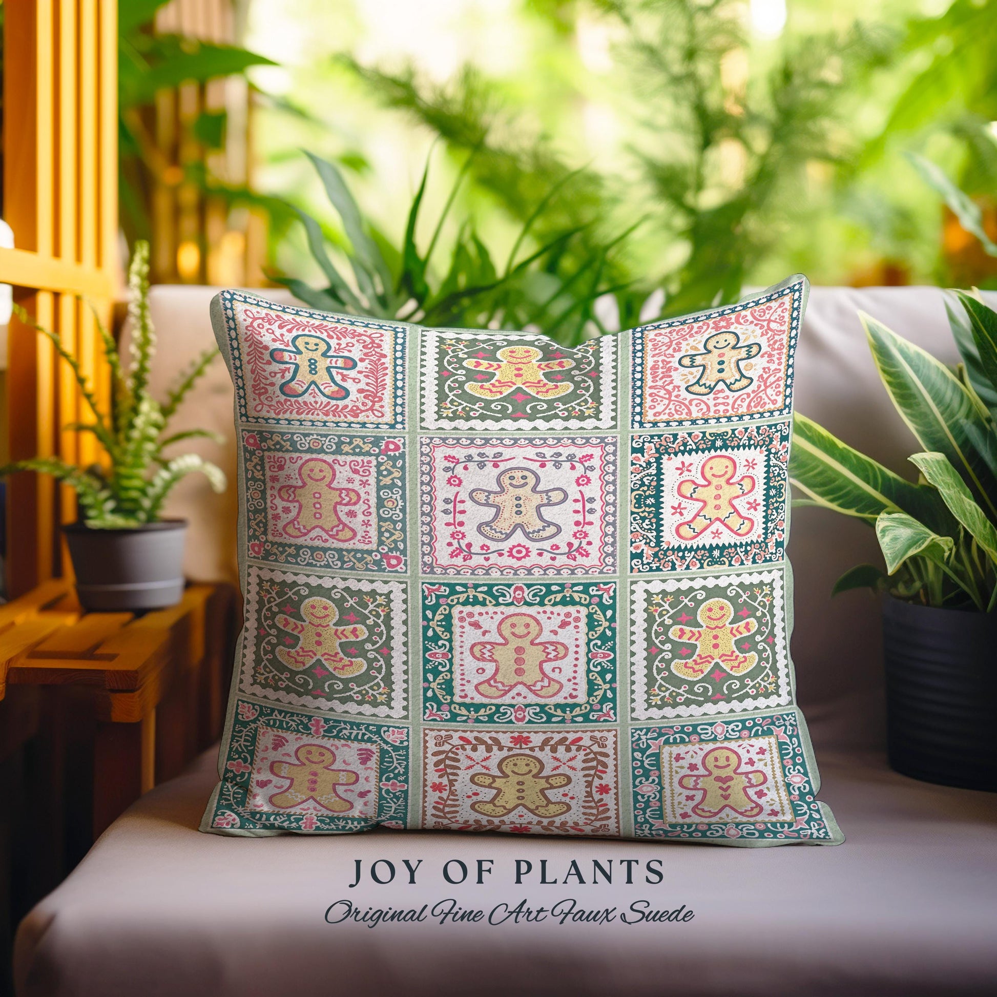 Colorful Scandinavian Gingerbread Pillow Whimsical Boho Cottagecore Decor | Playful Farmhouse Holiday Tapestry Cushion Cozy Retro Christmas