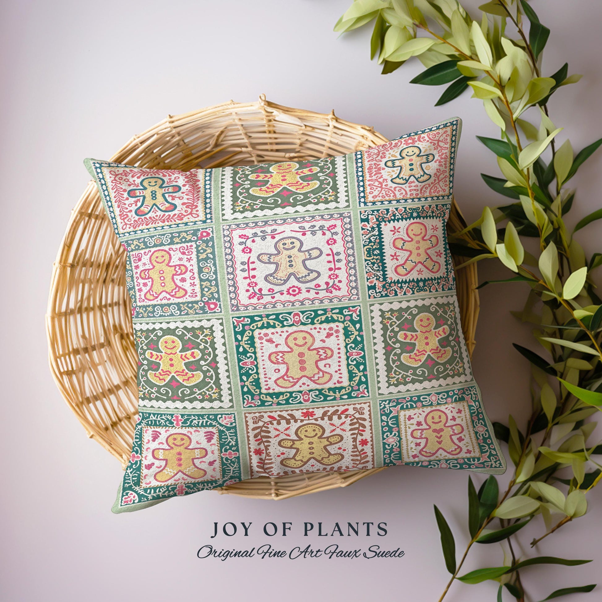 Colorful Scandinavian Gingerbread Pillow Whimsical Boho Cottagecore Decor | Playful Farmhouse Holiday Tapestry Cushion Cozy Retro Christmas