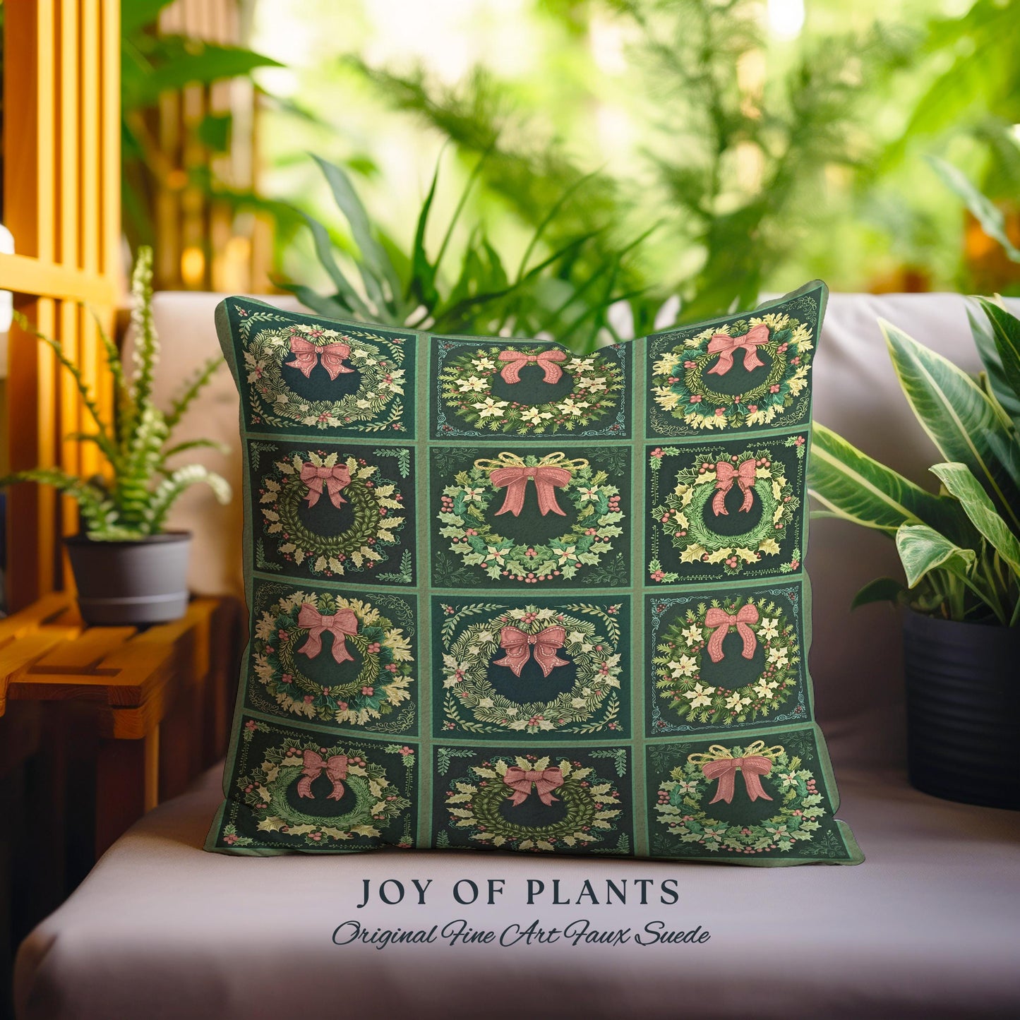 Vintage Christmas Wreath Green Holiday Throw Pillow Rustic Farmhouse Woven Cushion | Cozy Festive Art Decor Boho Cottagecore Aesthetic Gift