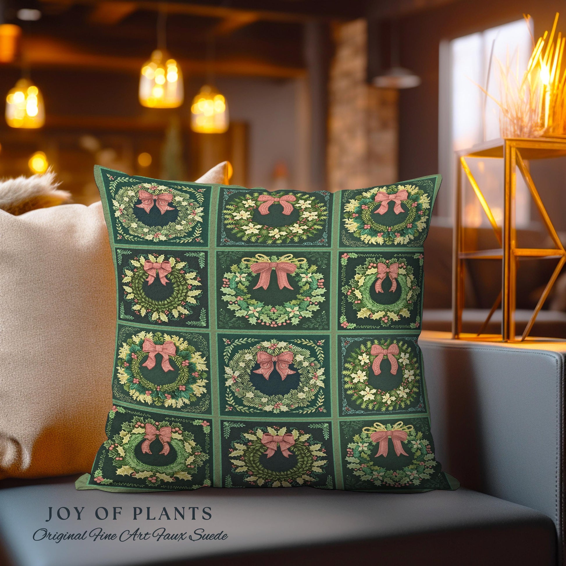 Vintage Christmas Wreath Green Holiday Throw Pillow Rustic Farmhouse Woven Cushion | Cozy Festive Art Decor Boho Cottagecore Aesthetic Gift