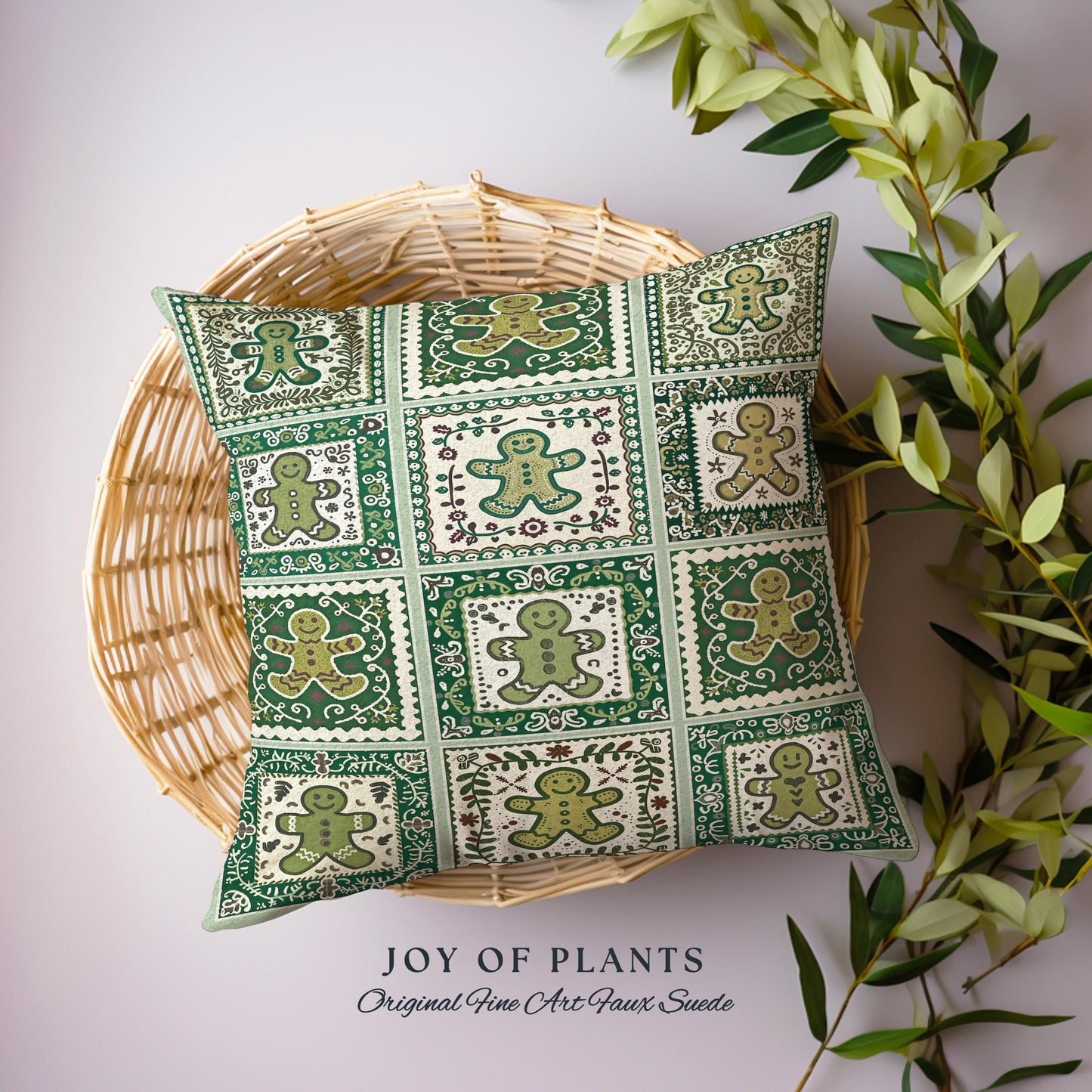Vintage Folk Art Gingerbread Pillow Retro Forest Green Hygge Holiday Decor | Nordic Cottage Home Scandi Sage Green Festive Tapestry Cushion