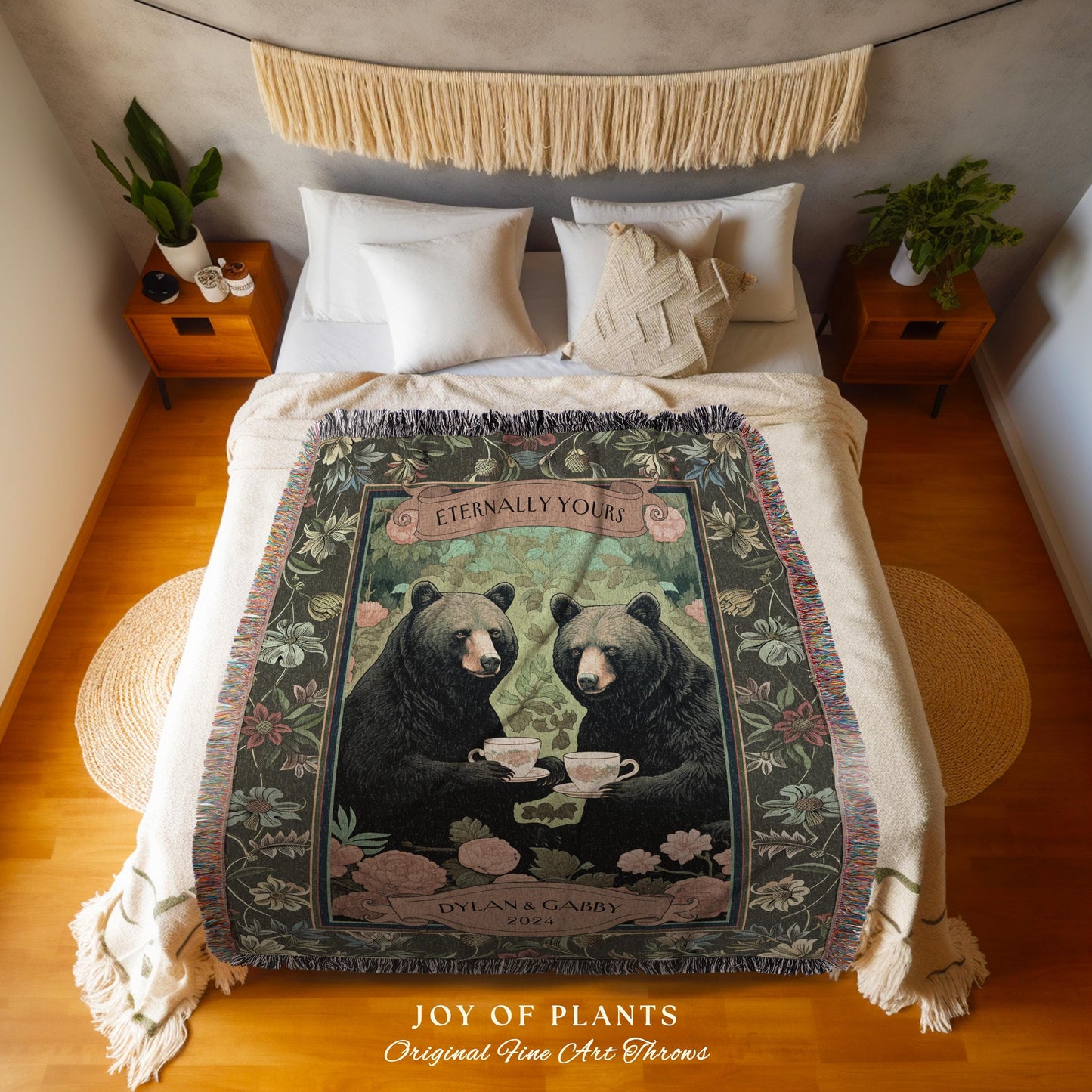 Floral Woodland Couples Custom Blanket | Cottagecore Wedding Anniversary Personalized Bear Couple Woven Throw Cute Blanket Outdoorsy Gift