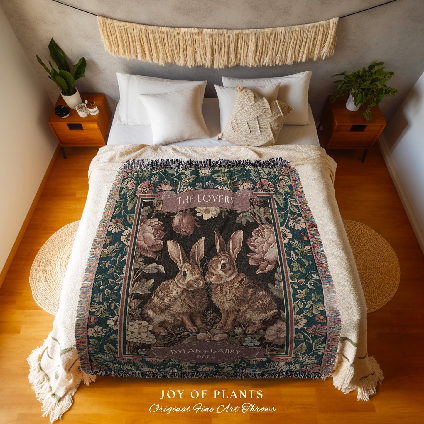 Soft Victorian Floral Rabbit Couple Blanket | Woodland Fairycore Bunny Blanket Cute Couples Woven Tapestry Pastel Cottagecore Personalized