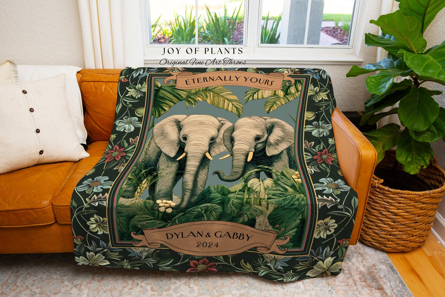 Romantic Outdoorsy Couple Tapestry Woven Cotton | Wedding Keepsake Throw Blanket Personalized His & Hers Names Custom Anniversary Botanical