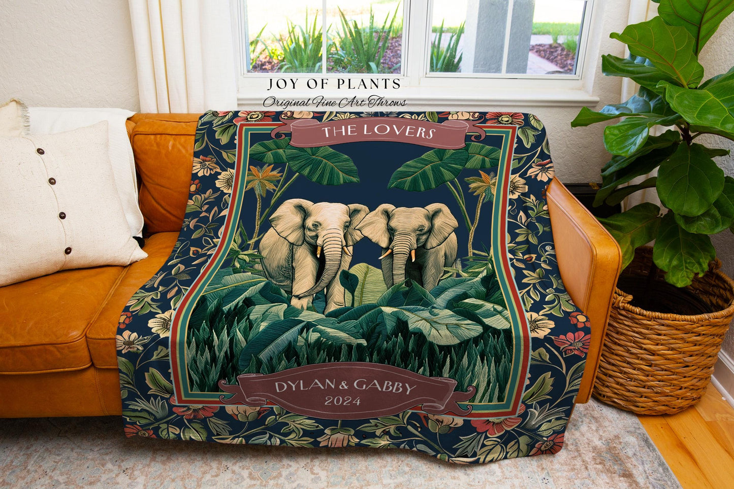 Tropical Botanical Elephant Couple Blanket | Jungle Tapestry Wedding Throw Personalized His & Hers Names Custom Anniversary Gift Cute Throw
