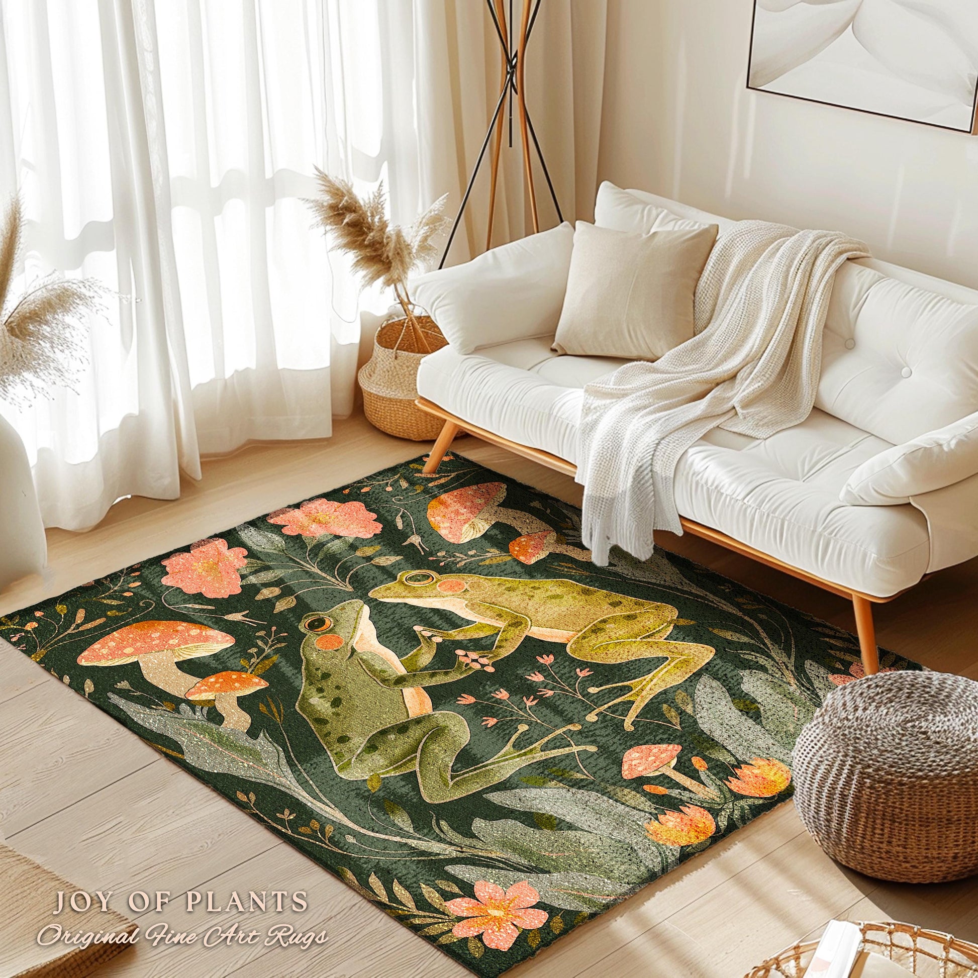 Scandinavian Frog & Toad Accent Rug | Folklore Cottagecore Rug Boho Floral Living Room Woodland Aesthetic Fairycore Nature Themes Nursery |