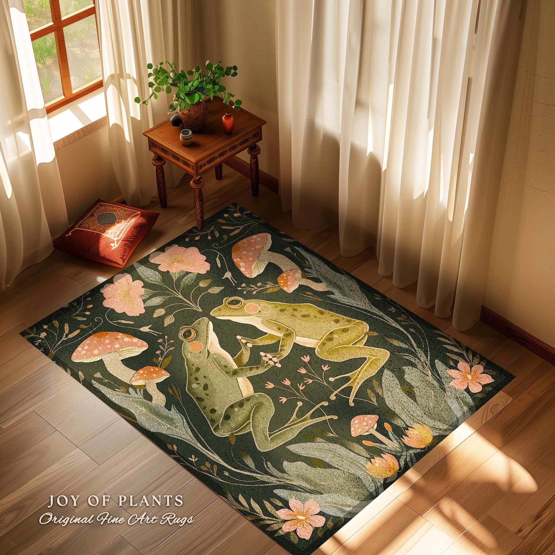 Scandinavian Frog & Toad Accent Rug | Folklore Cottagecore Rug Boho Floral Living Room Woodland Aesthetic Fairycore Nature Themes Nursery |