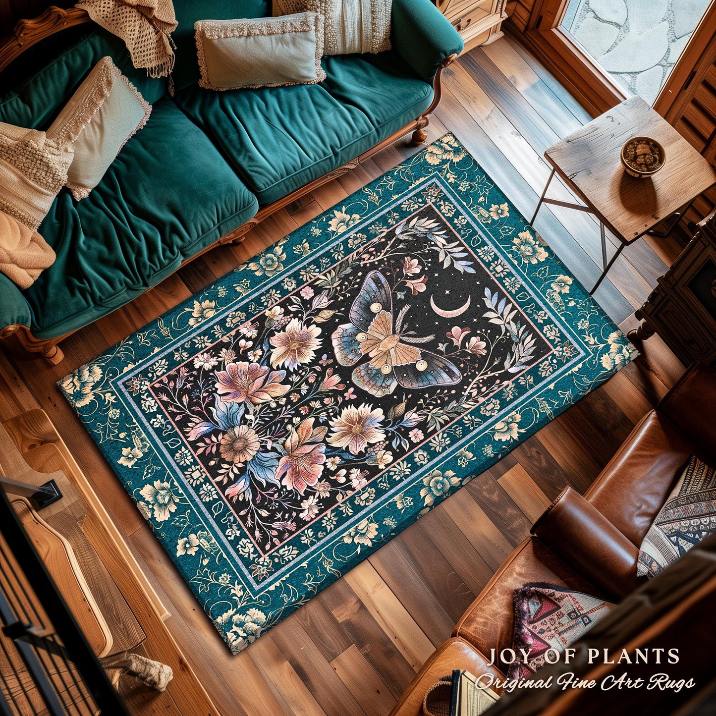 Boho Moth Moon Fairycore Area Rug Teal Bohemian Butterfly Floral | Whimsical Celestial Teal Dark Cottagecore Home Accent Maximalist Decor |