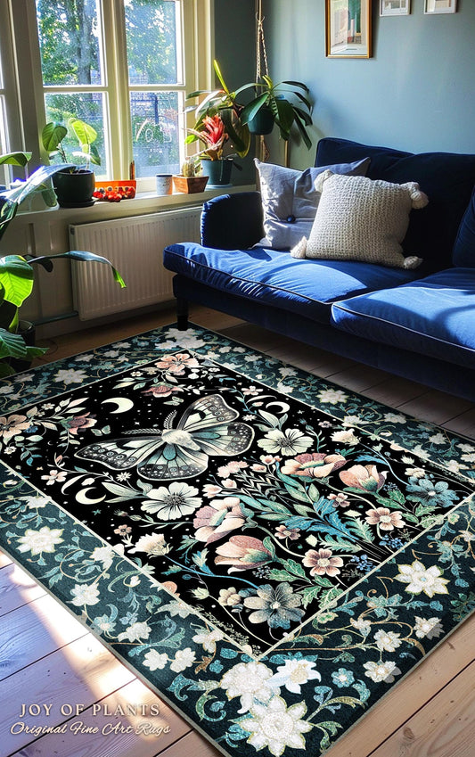 Celestial Butterfly Floral Rug Whimsical Moonlit Garden Whimsigothic Decor, Ethereal Cottagecore Enchanted Botanical Moth Art Nouveau Accent