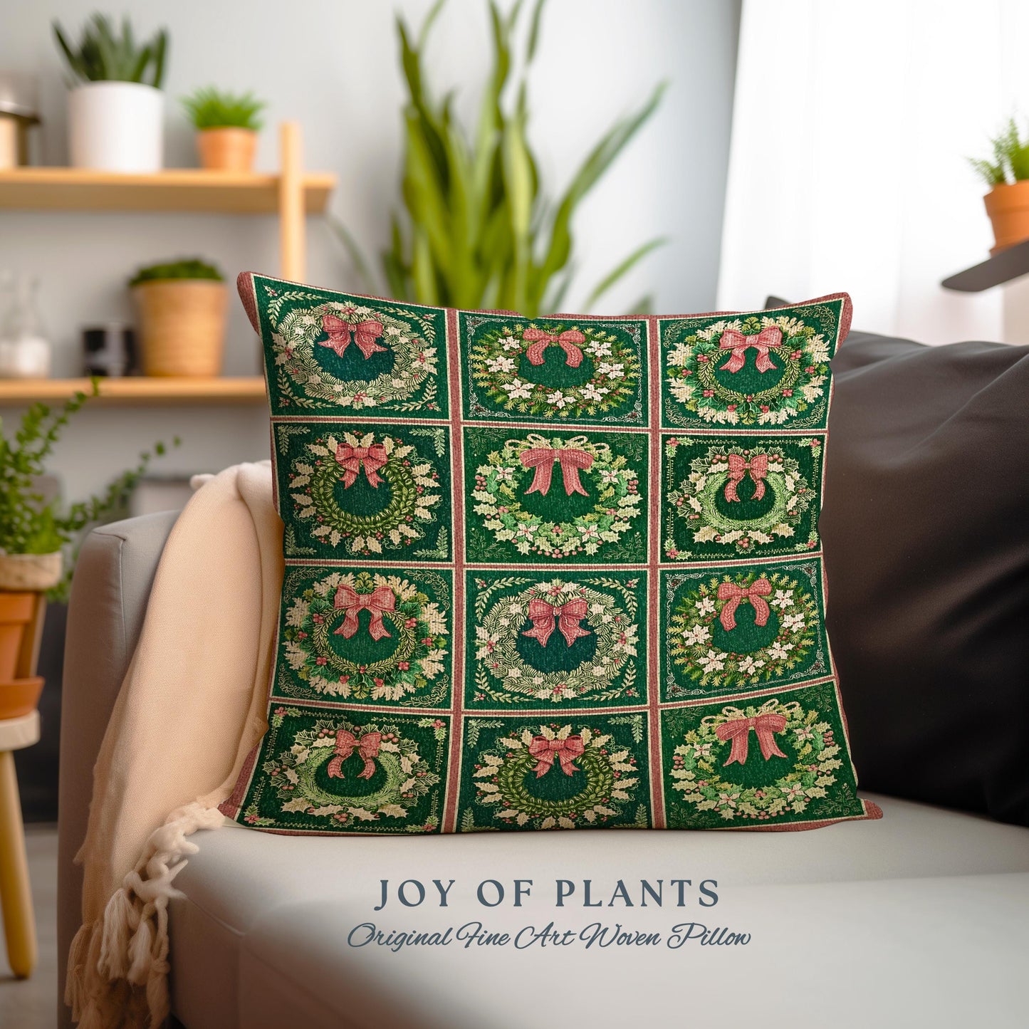 Rustic Green Checkered Pillow Christmas Wreath Woven Farmhouse Holiday Decor, Vintage Aesthetic Woodland Cottagecore Winter Tapestry Cushion