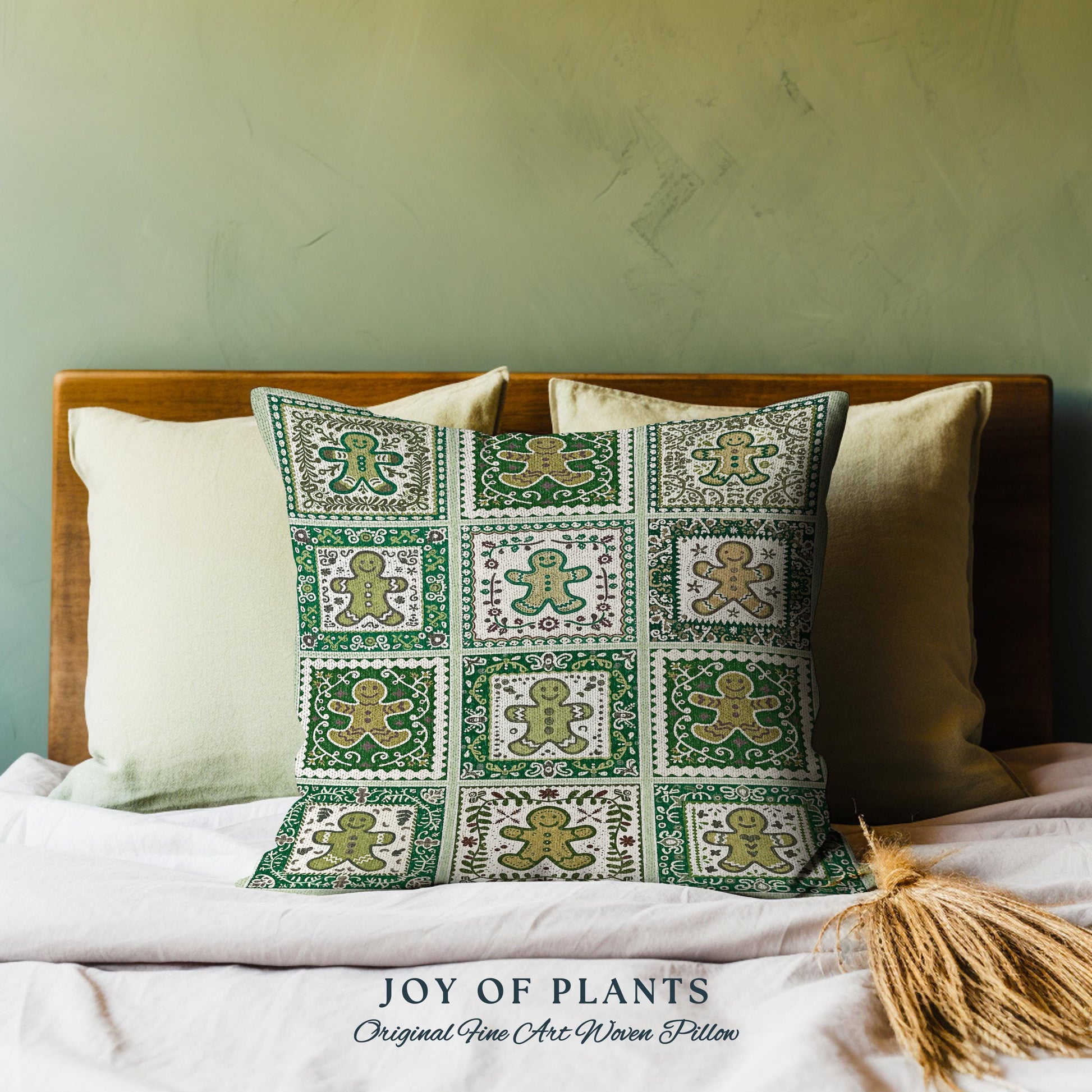 Vintage Folk Art Gingerbread Pillow Retro Forest Green Hygge Holiday Decor | Nordic Cottage Home Scandi Sage Green Festive Tapestry Cushion