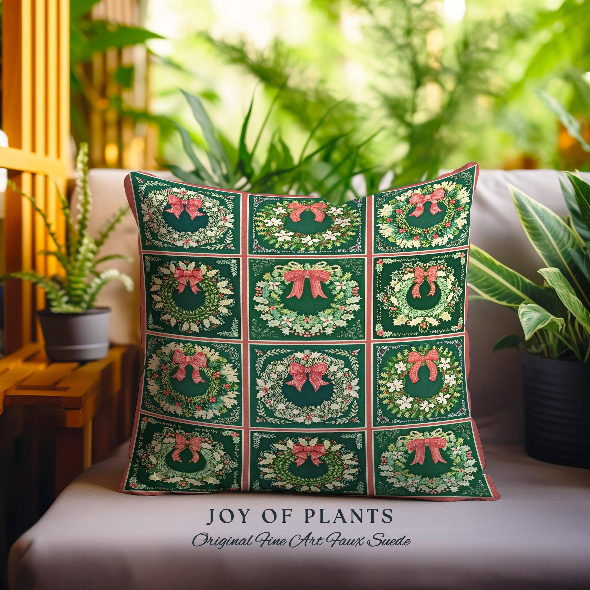 Rustic Green Checkered Pillow Christmas Wreath Woven Farmhouse Holiday Decor, Vintage Aesthetic Woodland Cottagecore Winter Tapestry Cushion