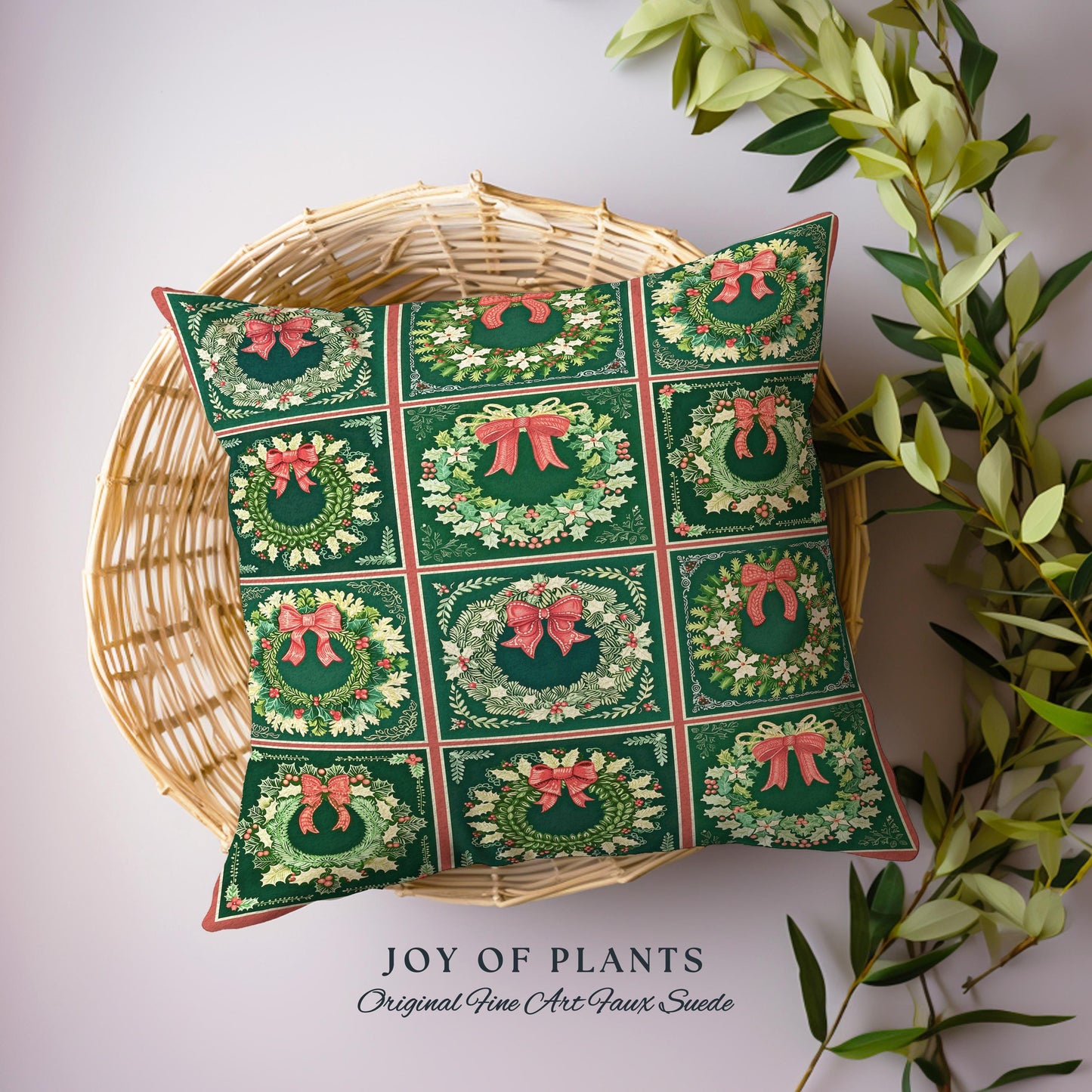 Rustic Green Checkered Pillow Christmas Wreath Woven Farmhouse Holiday Decor, Vintage Aesthetic Woodland Cottagecore Winter Tapestry Cushion