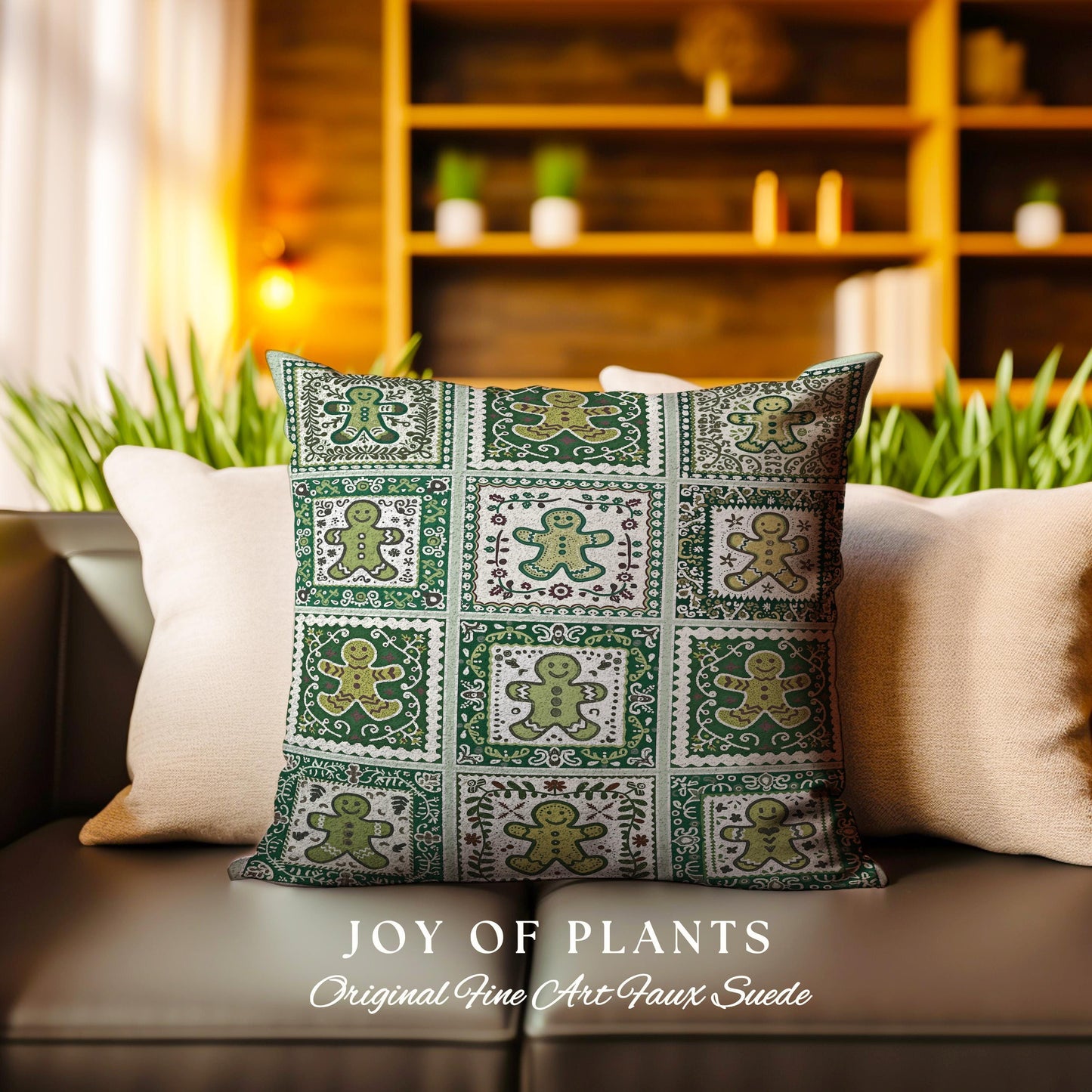 Vintage Folk Art Gingerbread Pillow Retro Forest Green Hygge Holiday Decor | Nordic Cottage Home Scandi Sage Green Festive Tapestry Cushion