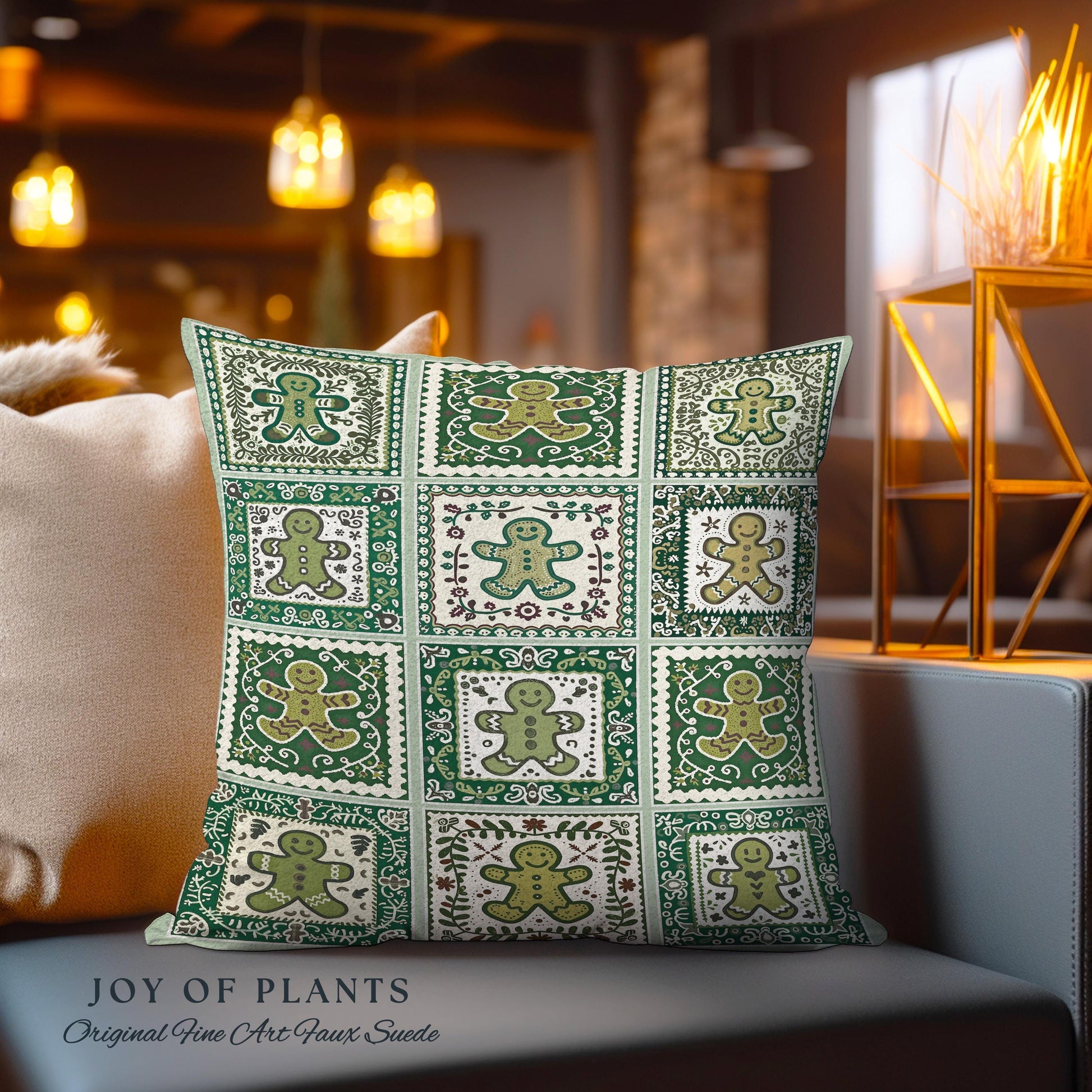 Vintage Folk Art Gingerbread Pillow Retro Forest Green Hygge Holiday Decor | Nordic Cottage Home Scandi Sage Green Festive Tapestry Cushion
