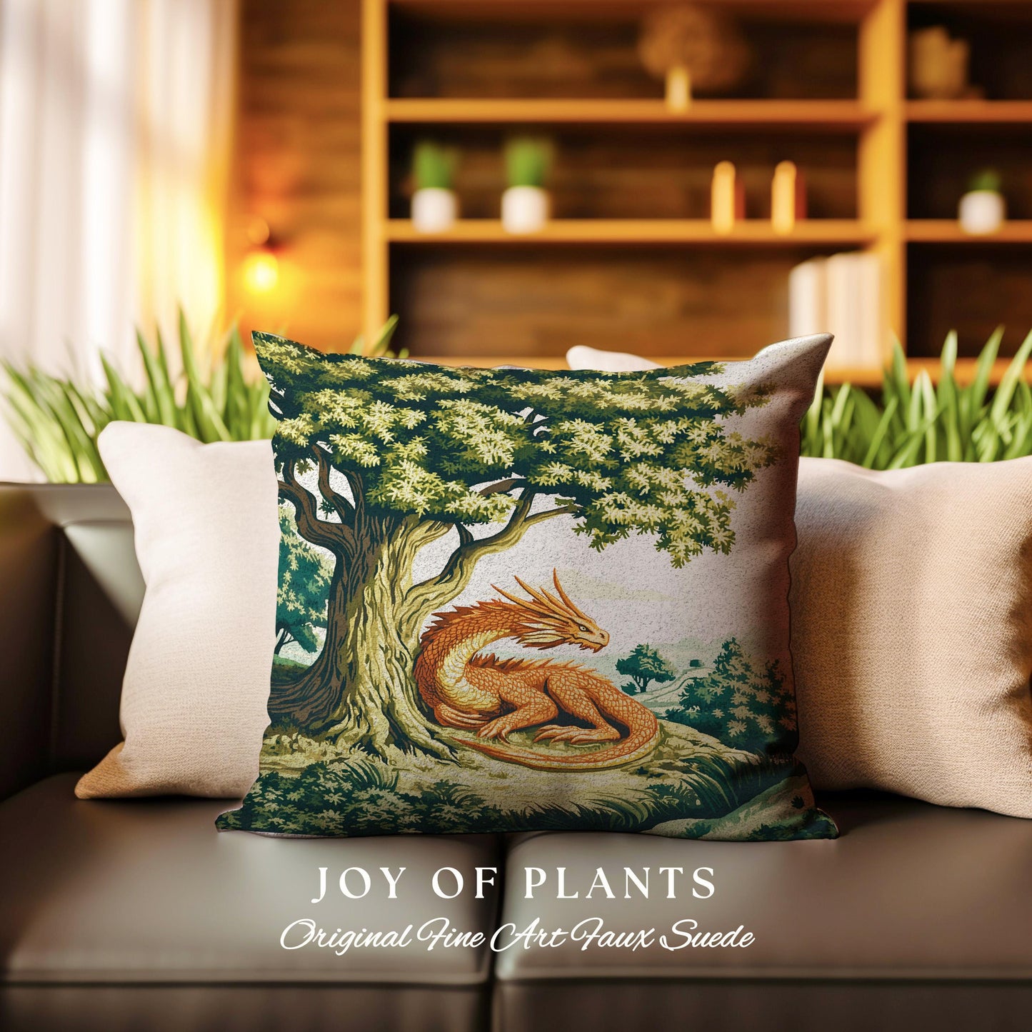 Antique Aesthetic Dragon Pillow Rustic Woodland Decor Tapestry Cushion | Whimsical Fantasy Medieval Art Forestcore Woven Cozy Home Accent