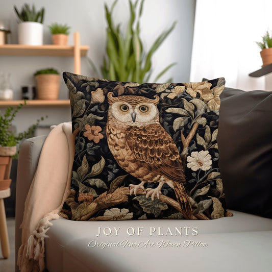 Owl Throw Pillow Woven | William Morris Inspired Pillow Woodland Forestcore Decor Pillow Maximalist Home Decor Throw Pillow Owl Botanical |
