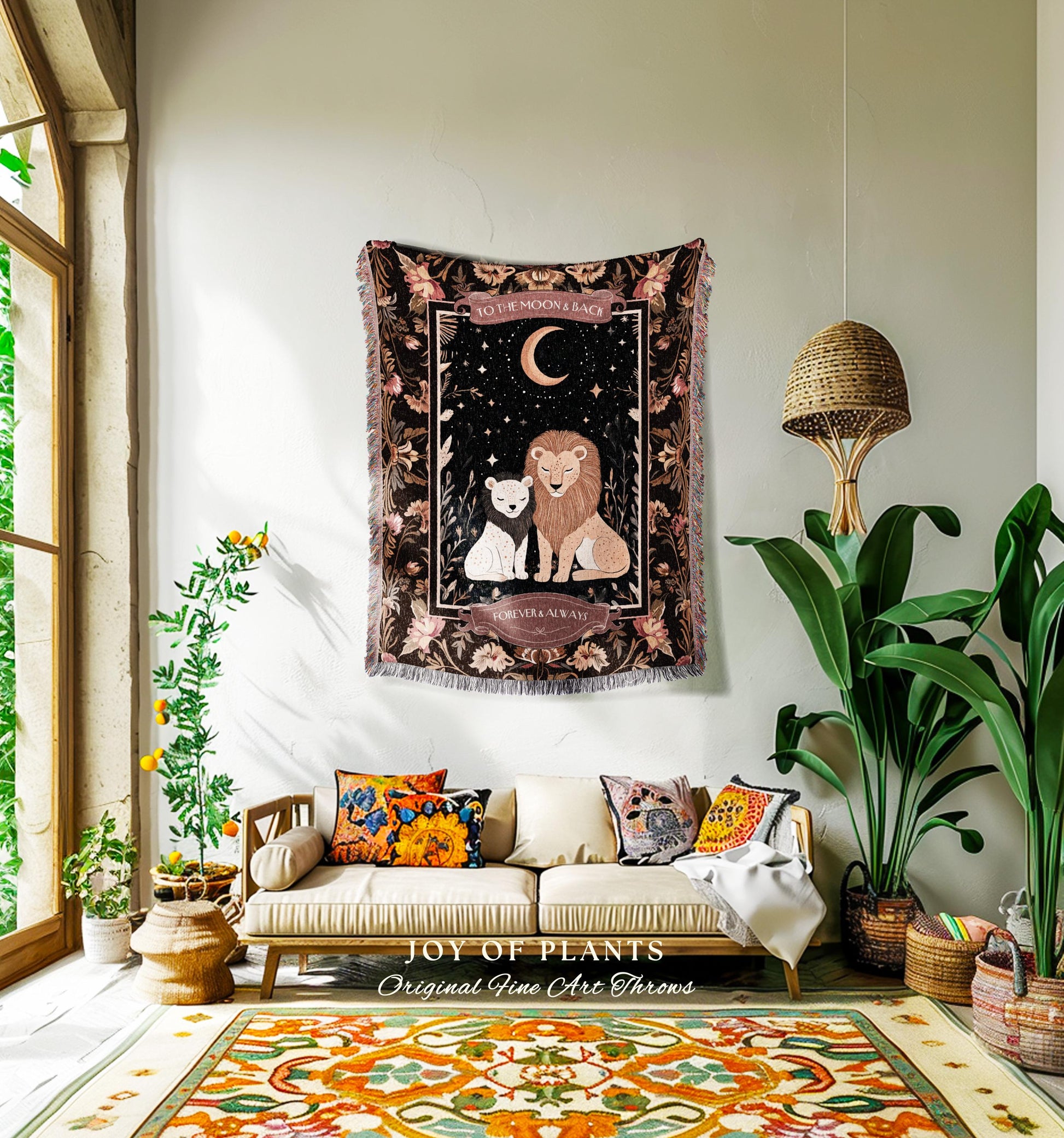 Personalized Jungle Nursery Throw Blanket | Custom Sentimental Gift Parent and Child Scandinavian Lion Decor Whimsical Creatures Tapestry |