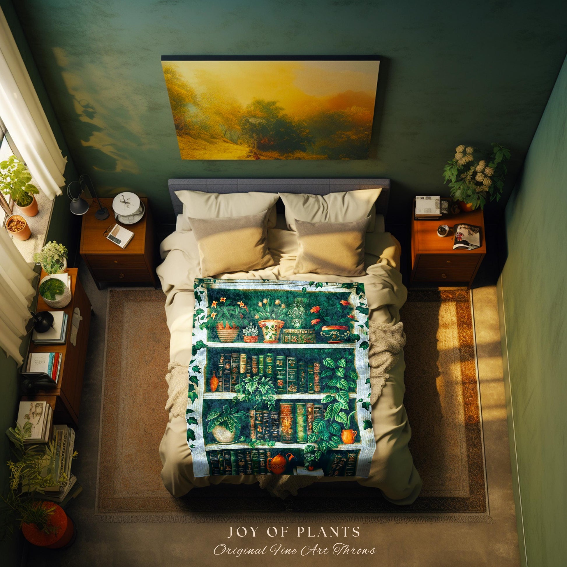 Plant Library Botanical Bookshelf Blanket | Maximalist Aesthetic Bedroom Decor Reading Throw Dark Academia Wall Hanging Tapestry Whimsical |