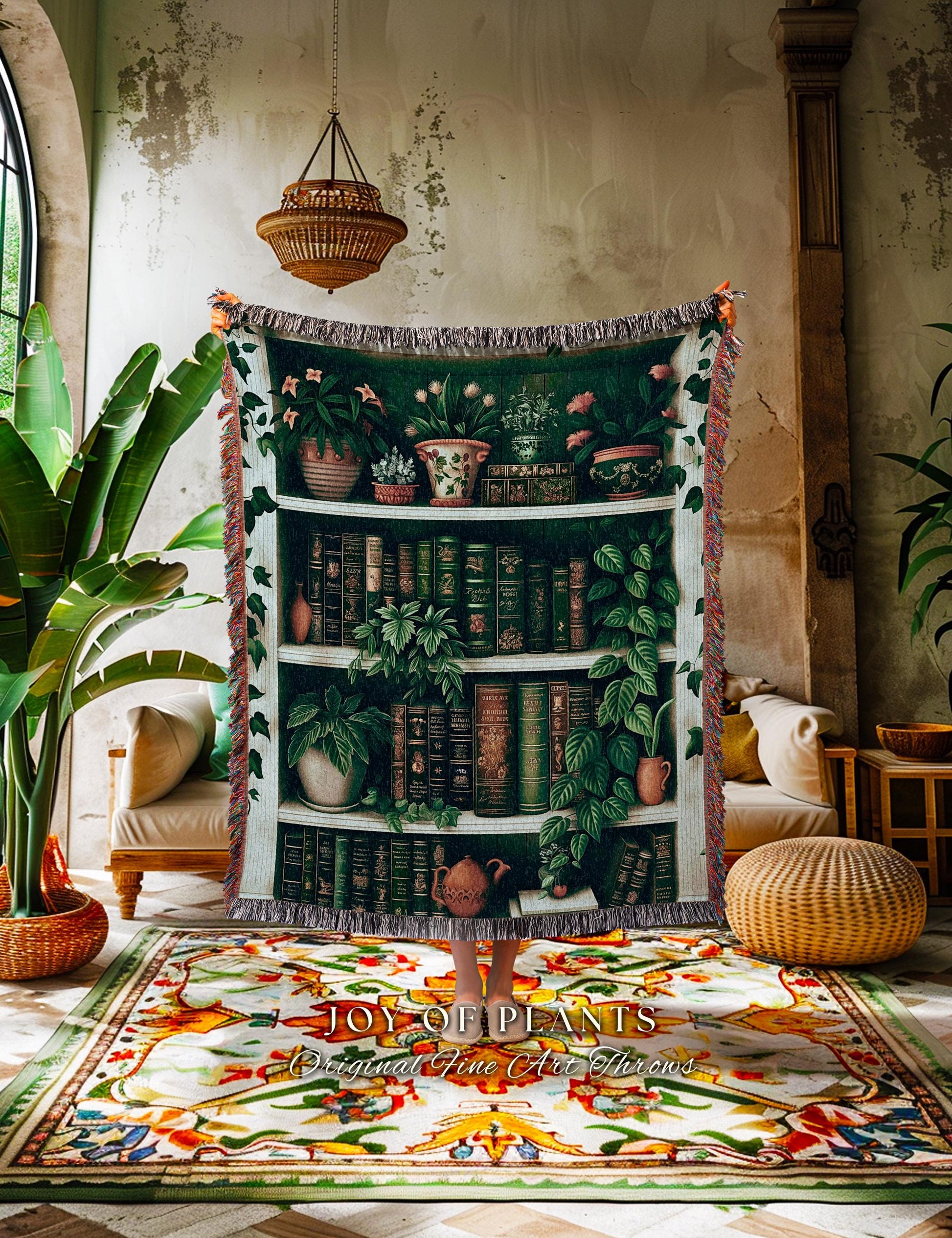 Plant Library Botanical Bookshelf Blanket | Maximalist Aesthetic Bedroom Decor Reading Throw Dark Academia Wall Hanging Tapestry Whimsical |